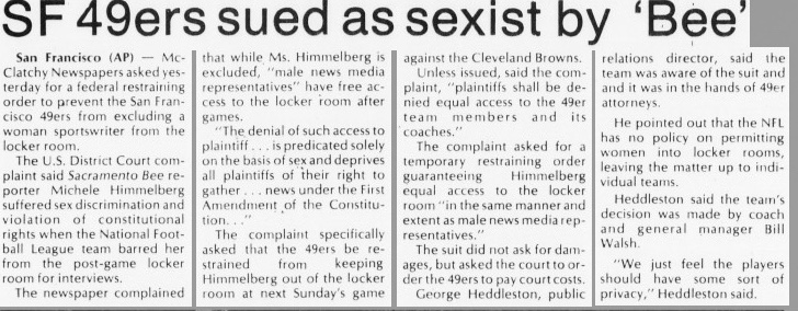 Michele Himmelberg sues the San Francisco 49ers for locker room access, 1981