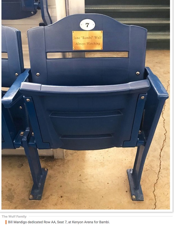 This is the seat where Bambi always sat in to watch Elizabeth warm up on the home ice of Kenyon Arena.