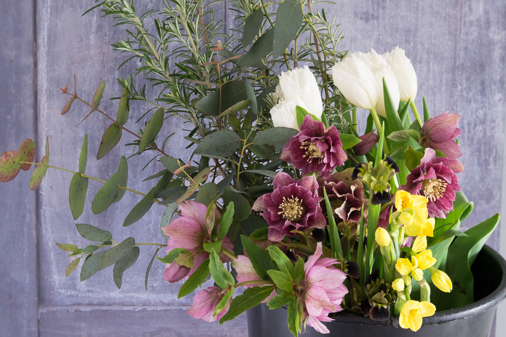 Beginning of April Flower arrangers bucket, one of the first I sent out.