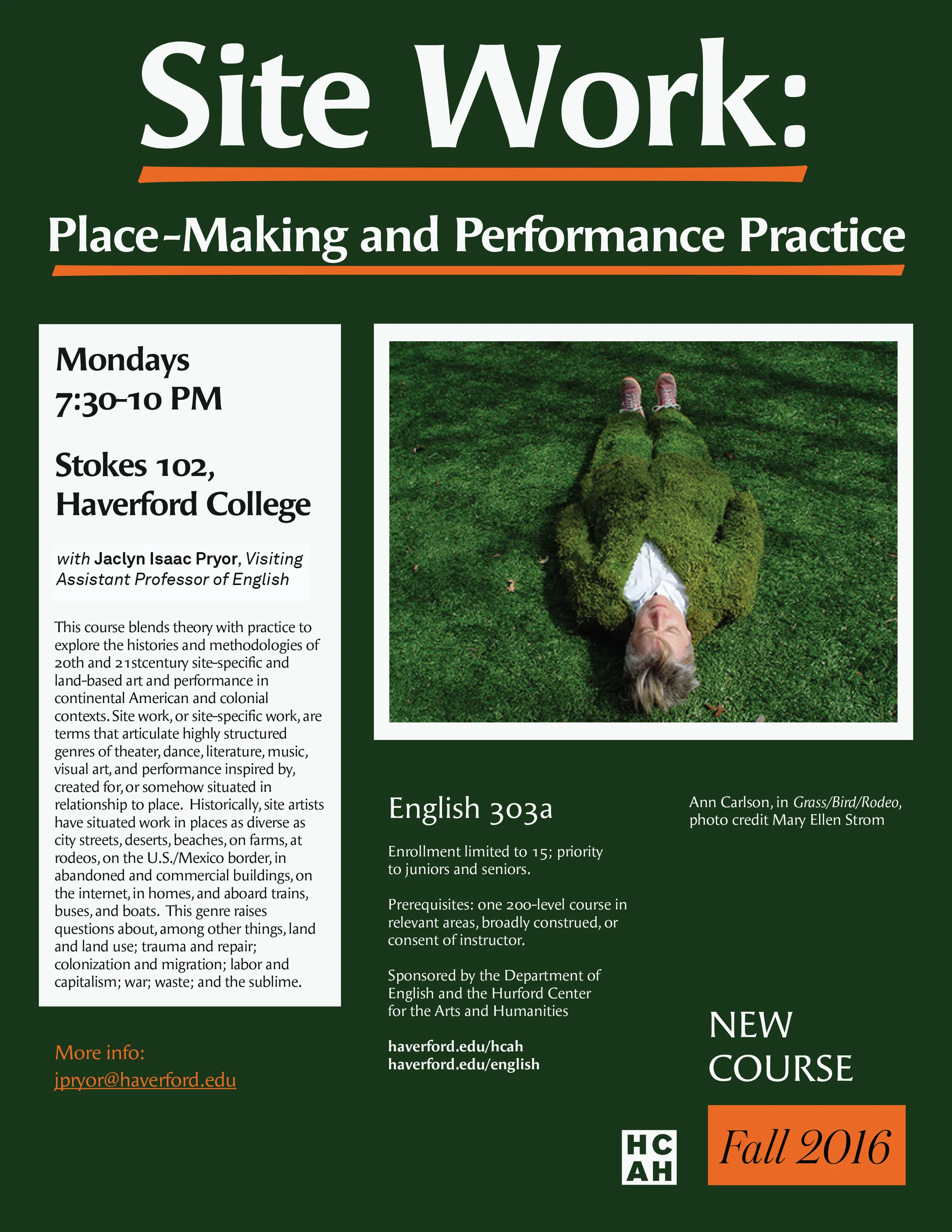 Course flyer, Site Work: Place-making and Performance Practice, Haverford College, Fall 2016.