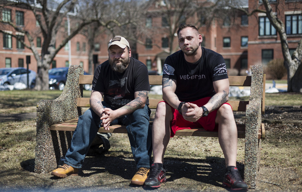  Army veterans Sam Hipp, left, and Kristopher Heimerl, right, sit for a portrait at the Tomah VA Facility in Tomah, Wisconsin, Tuesday, April 24, 2018. 