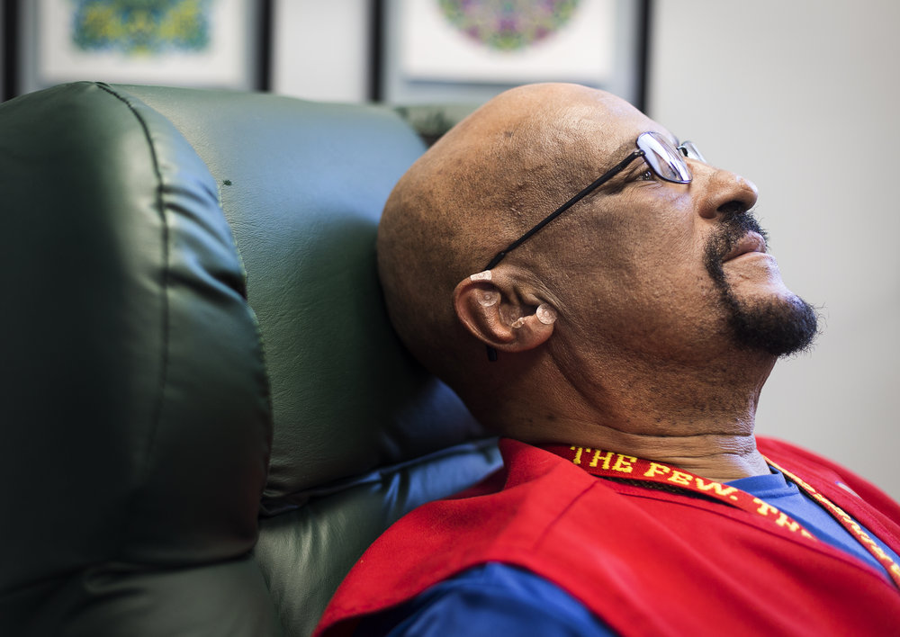  Marine Corps veteran Frank Smith, 62, receives a battlefield acupuncture treatment the Tomah VA Facility in Tomah, Wisconsin, Monday, April 23, 2018. Smith suffers from chronic lower back pain and says that he feels a great amount of pain relief fro