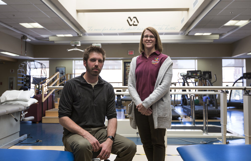  Dr. Bradley Schaack, DPT and Dr. Kristin Eneberg-Bolden, DPT pose for a portrait inside the Physical Therapy wing of the Tomah VA Facility in Tomah, Wisconsin, Monday, April 23, 2018. 