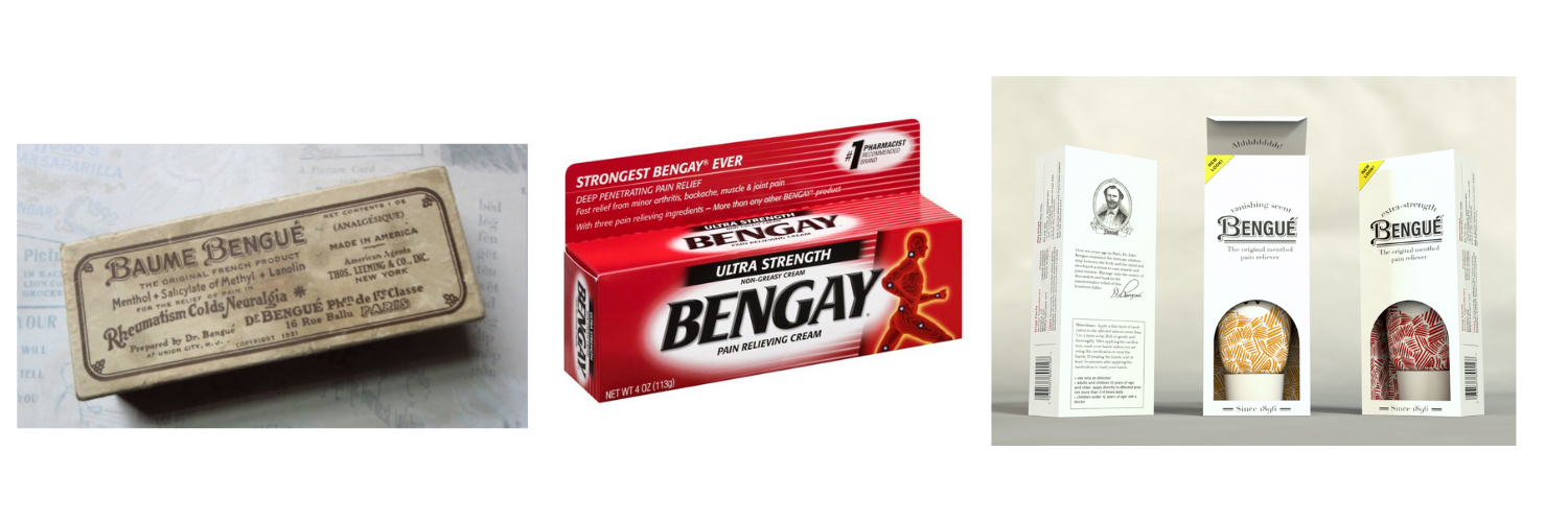 L to R: Baume Bengué packaging circa 1910; Modern-day Bengay packaging; Proposed Bengué packaging