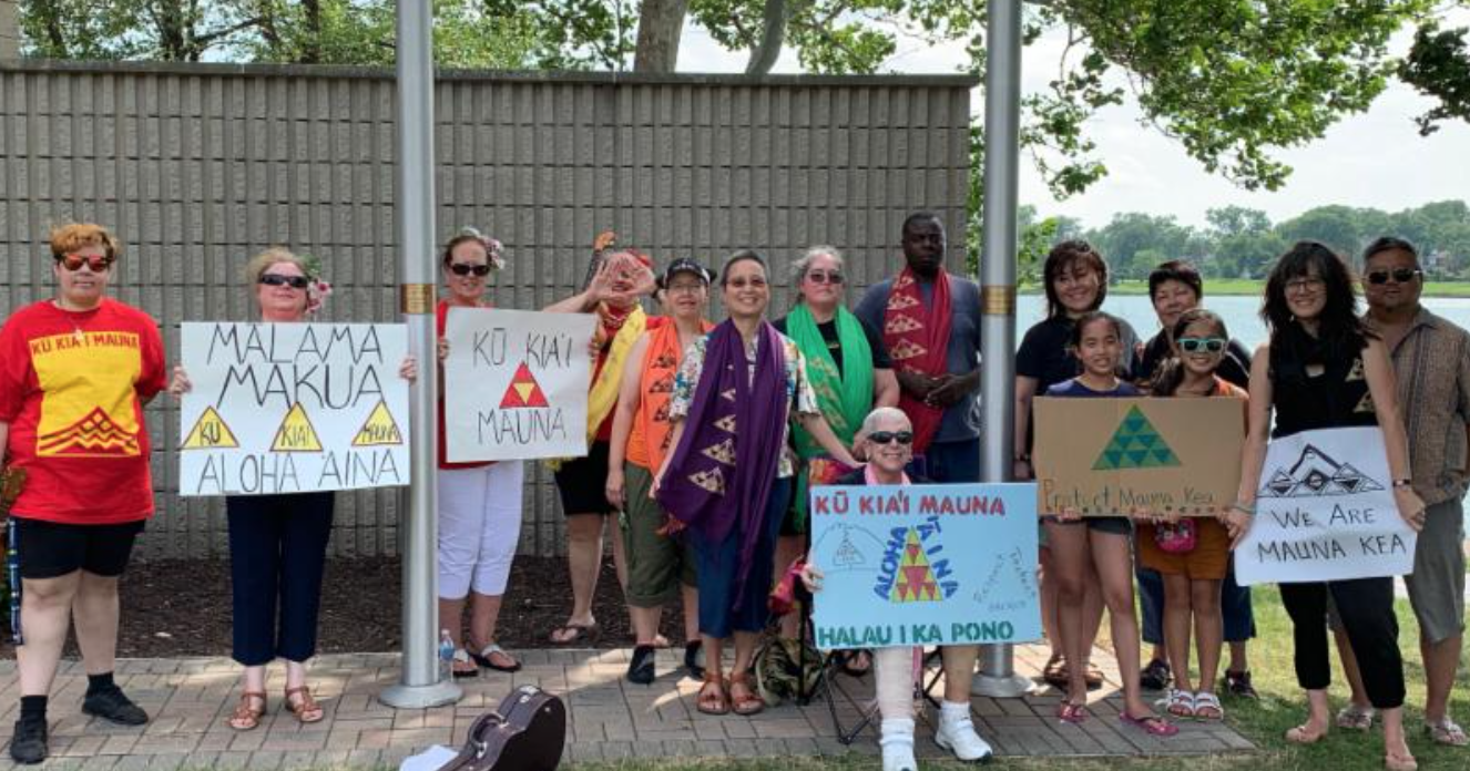 Protect Mauna Kea Rally at Lake Opeka, Chicago by members of Halau Hoʻohiwahiwa i Ka Puʻuwai and Halau i Ka Pono
