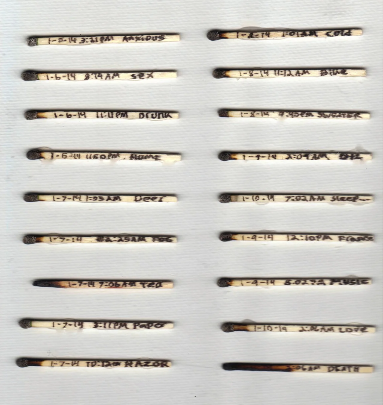 dpicchiophotos:

I had my boyfriend who smokes use matches for a few days instead of a lighter and record the date and time and whatever he was thinking about while smoking. 
It’s funny that he quit smoking a few weeks after this project. 


&hellip…