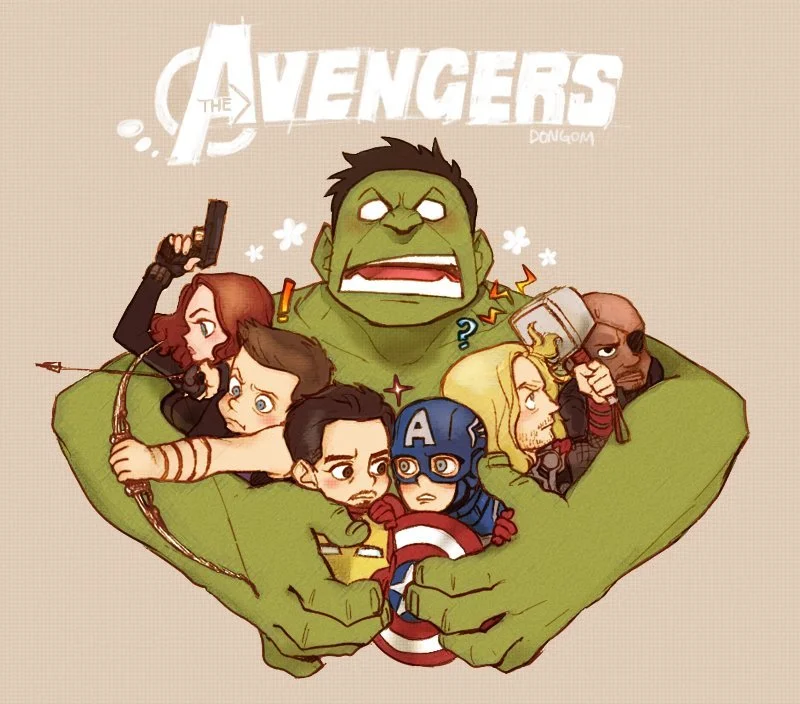 This is a really cute cartoon of The Avengers. 
Call me a nerd, but I really enjoyed all of the Marvel super hero movies - except maybe Hulk.. I suppose it helps that the leading actors were all beautiful people. 
veewhyx3:

asianfrecklez:

Still ne…