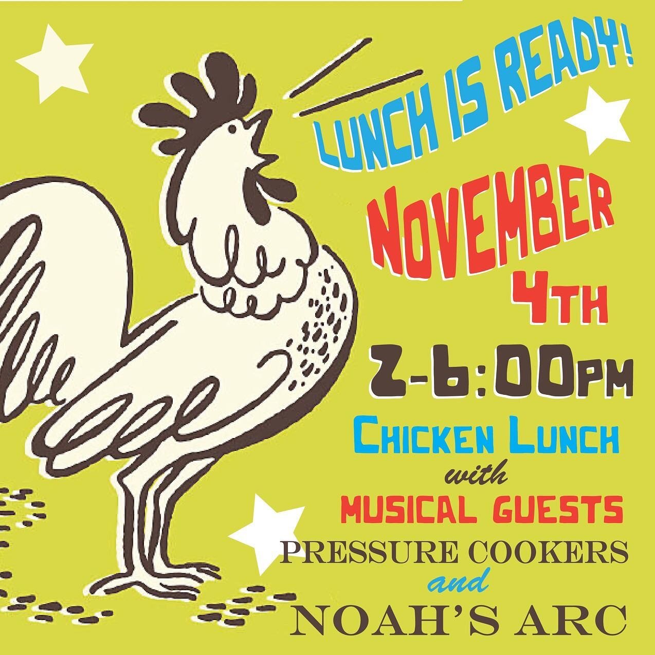 RSVP and tix link in bio. This is it folks!A celebration of our farm raised chickens prepared by none other than David Gould.  Dessert by Lili.  Super stoked to have The Pressure Cookers AND Noah&rsquo;s Arc laying down the grooves ❤️💛💚