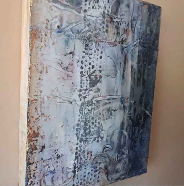 'Walking Walking on the Moon' 9 x 12 x 1.5 " mixed media on wood panel (c) Deb Chaney 2018