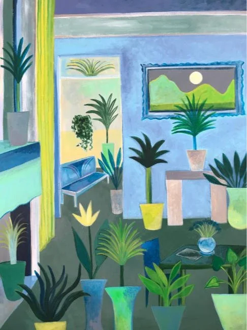 "Interior Scene (Living Room in Blue, Green, Yellow and Grey)" by Nicole Durocher