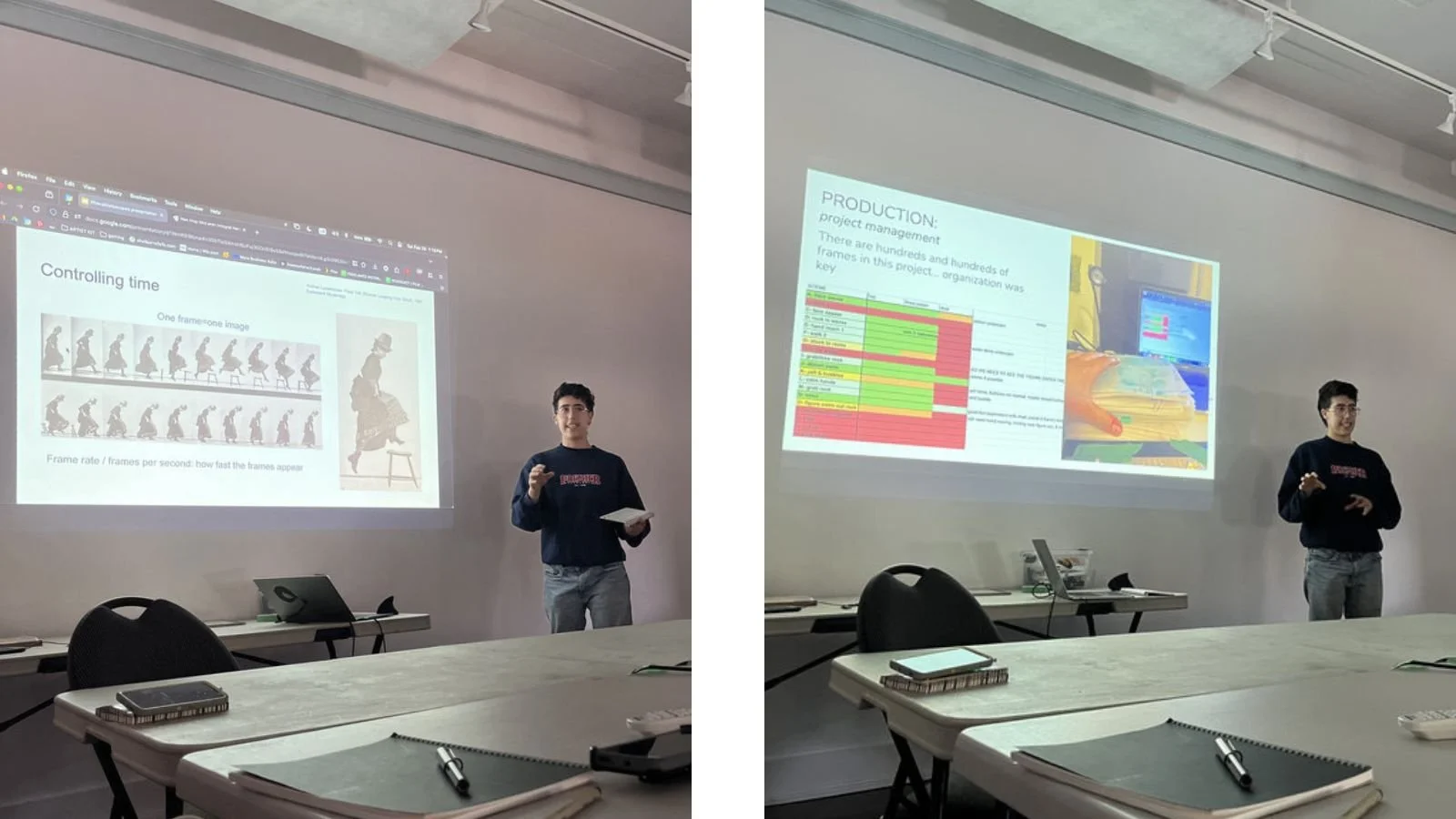 icah Goldstein presenting animation fundamentals and production management slides at Gabriola Arts residency