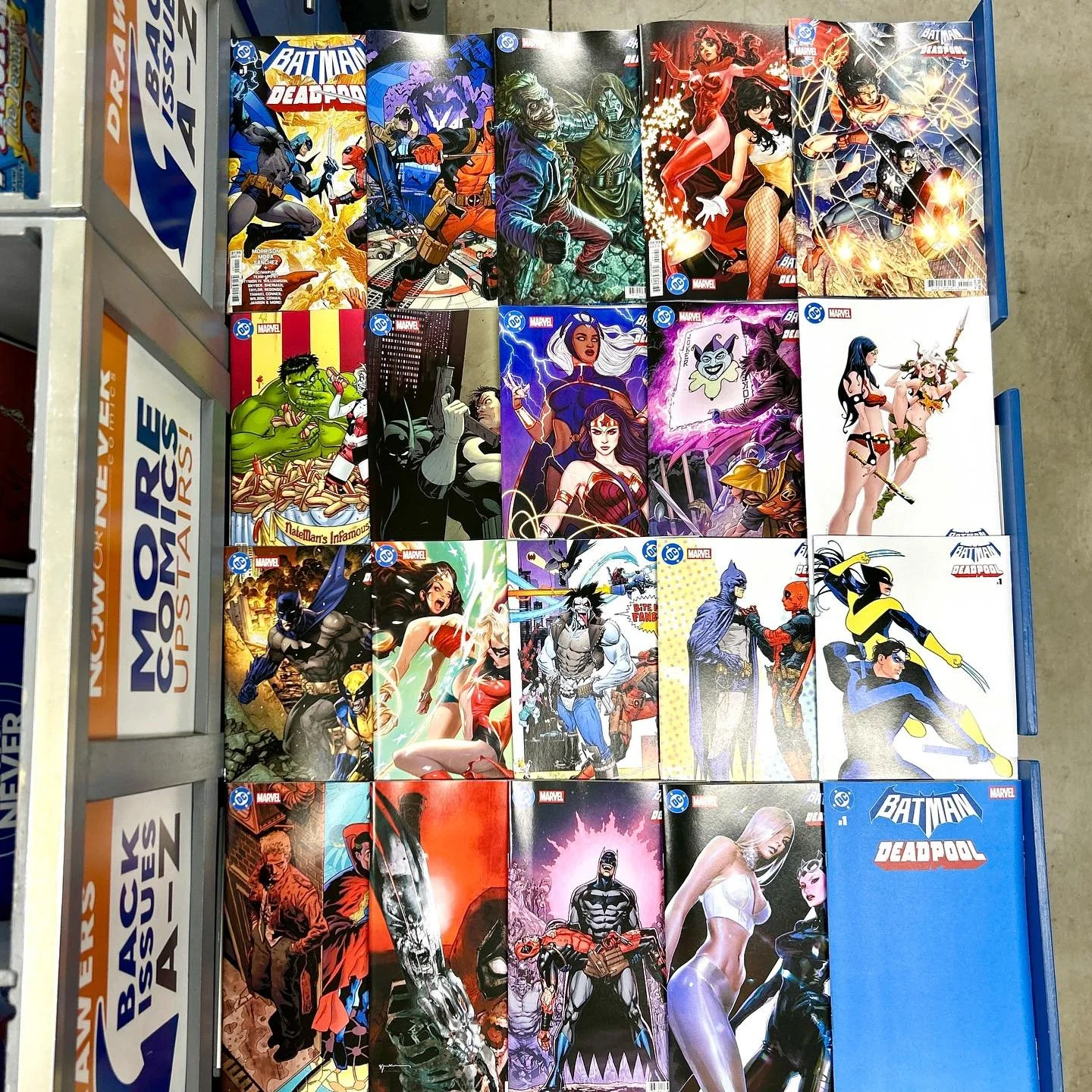 Batman / Deadpool comes out tomorrow! There are TWENTY ONE dang variants for this one. We nearly doubled our orders for Deadpool / Batman to make sure we&rsquo;ve got enough copies for folks.

If you preordered specific variants, thank you! Preorders