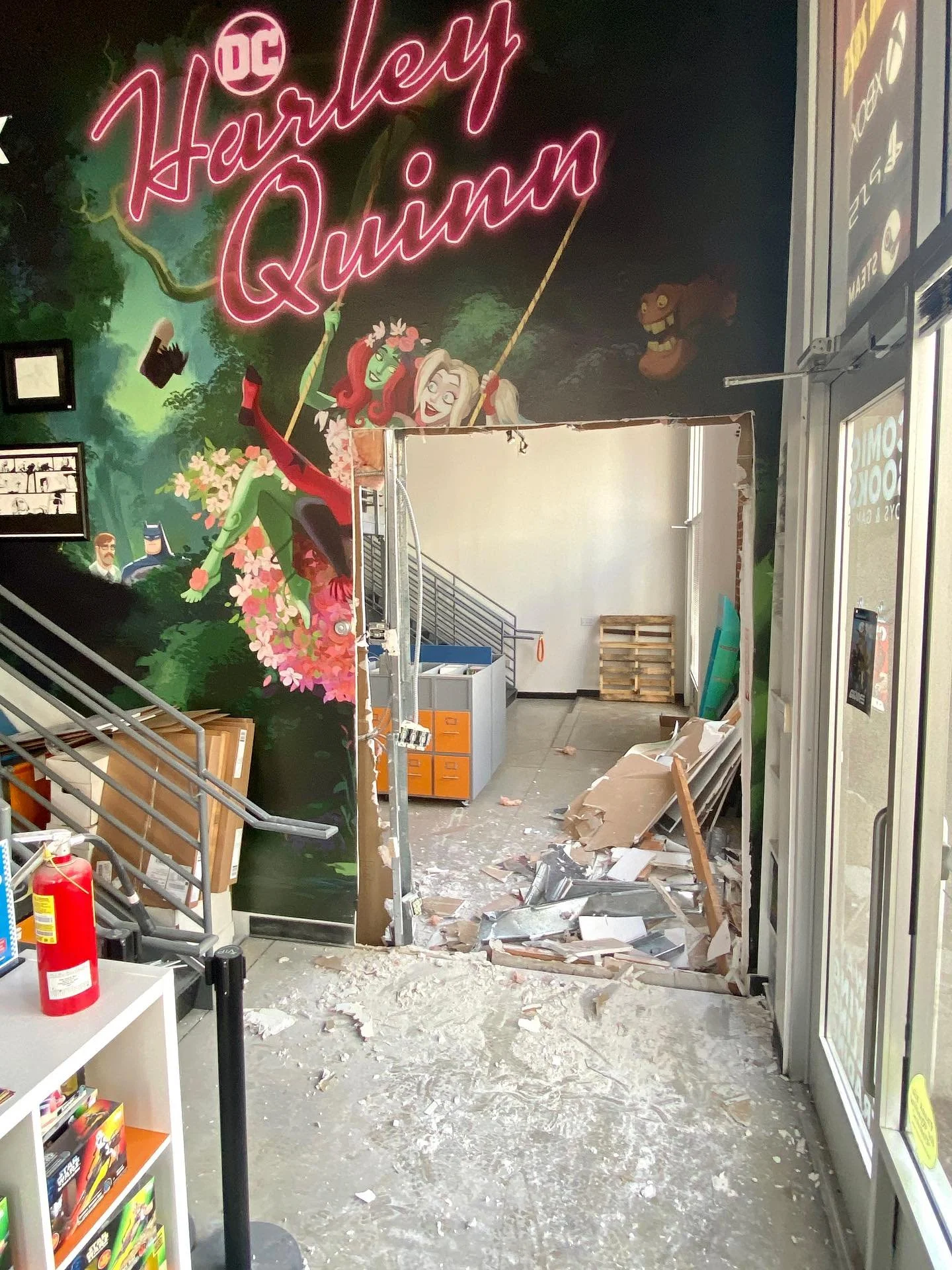 Ahh a gray, rainy day after a huge signing, the perfect opportunity to kick back and relax, with no big projects on the schedule, right? NOPE.

We&rsquo;ve got a huge hole in our wall! The hole is just the first step on the road to a door, but for no