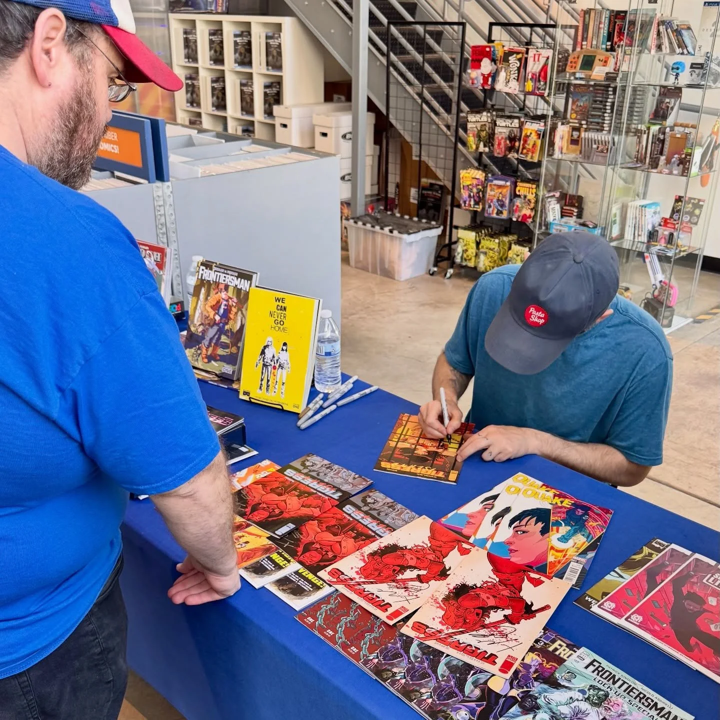 @patrickkindlon is here till 4pm to sign some books and talk comics! Stop by to get something signed and then head to the Observatory in North Park to watch his band @drugchurch 🤘🏼🎶🎤