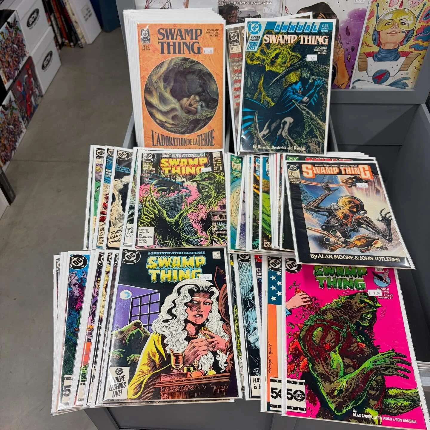 Fresh batch of back issues in the New Arrivals bins! A big stack of Alan Moore and Rick Veitch Swamp Thing (don&rsquo;t forget to sign up for Swamp Thing &lsquo;89), fun Silver Age Challengers of the Unknown, a bunch of early Deathlok in Astonishing 