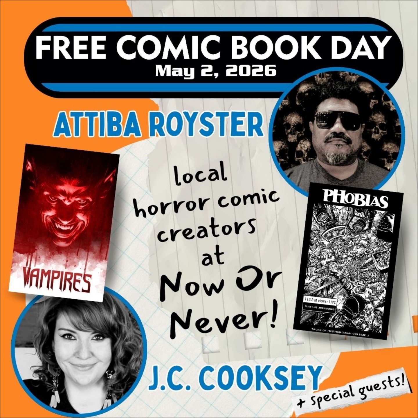 We&rsquo;ll be hosting local comic creators Attiba Royster &amp; J.C. Cooksey at the shop on Saturday, May 2nd, for Free Comic Book Day! 

Attiba ( @attibak ) is an artist, illustrator, designer, podcaster, and the editor of the Tales of Horrorgasm H