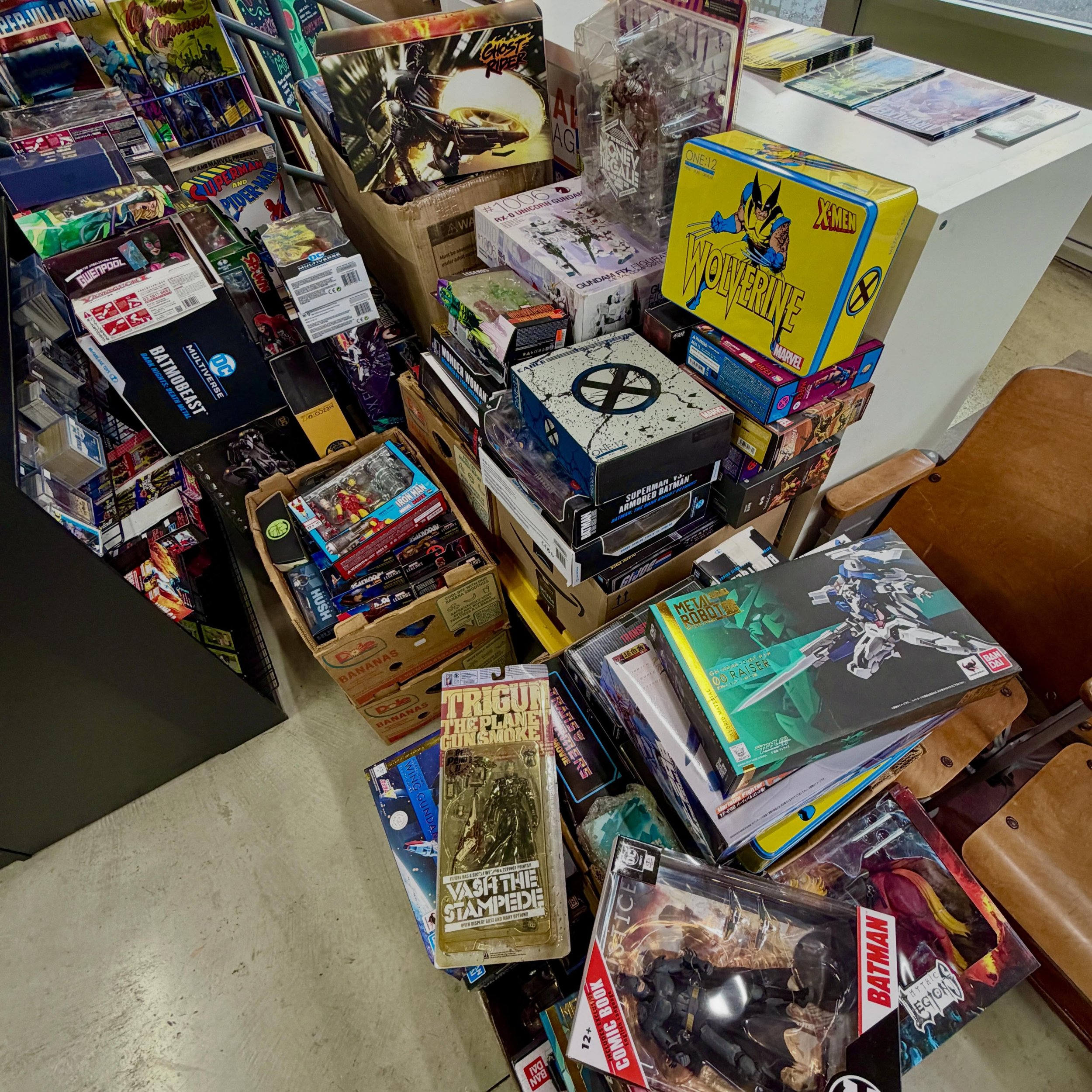 Brand new toy collection just came in, nearly 200 pieces! Loads of Mezco, Mafex, SH Figuarts, Gundam, Marvel Legends, McFarlane DC, and more. Classy stuff, lots of super detailed, higher end action figures. We&rsquo;re cleaning and pricing these now,