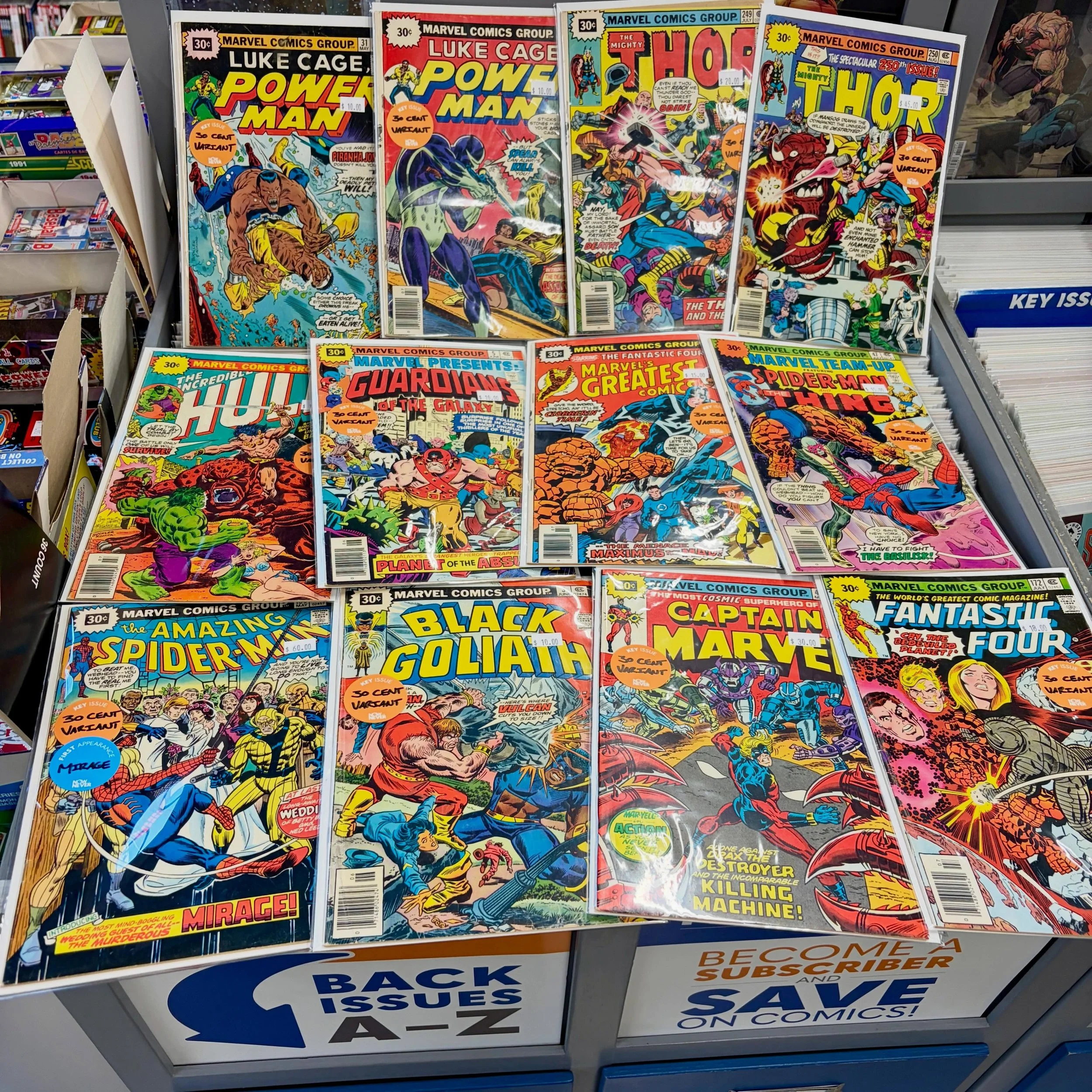 Working overtime to stock the back issue bins for SDCC! We&rsquo;ve been adding boxes of priced back issues, $2 books, and bundles of mini series / sets. Rare $0.30 Marvel variants from the &lsquo;70s! 90s kids comics! Vintage underground comix! Poly