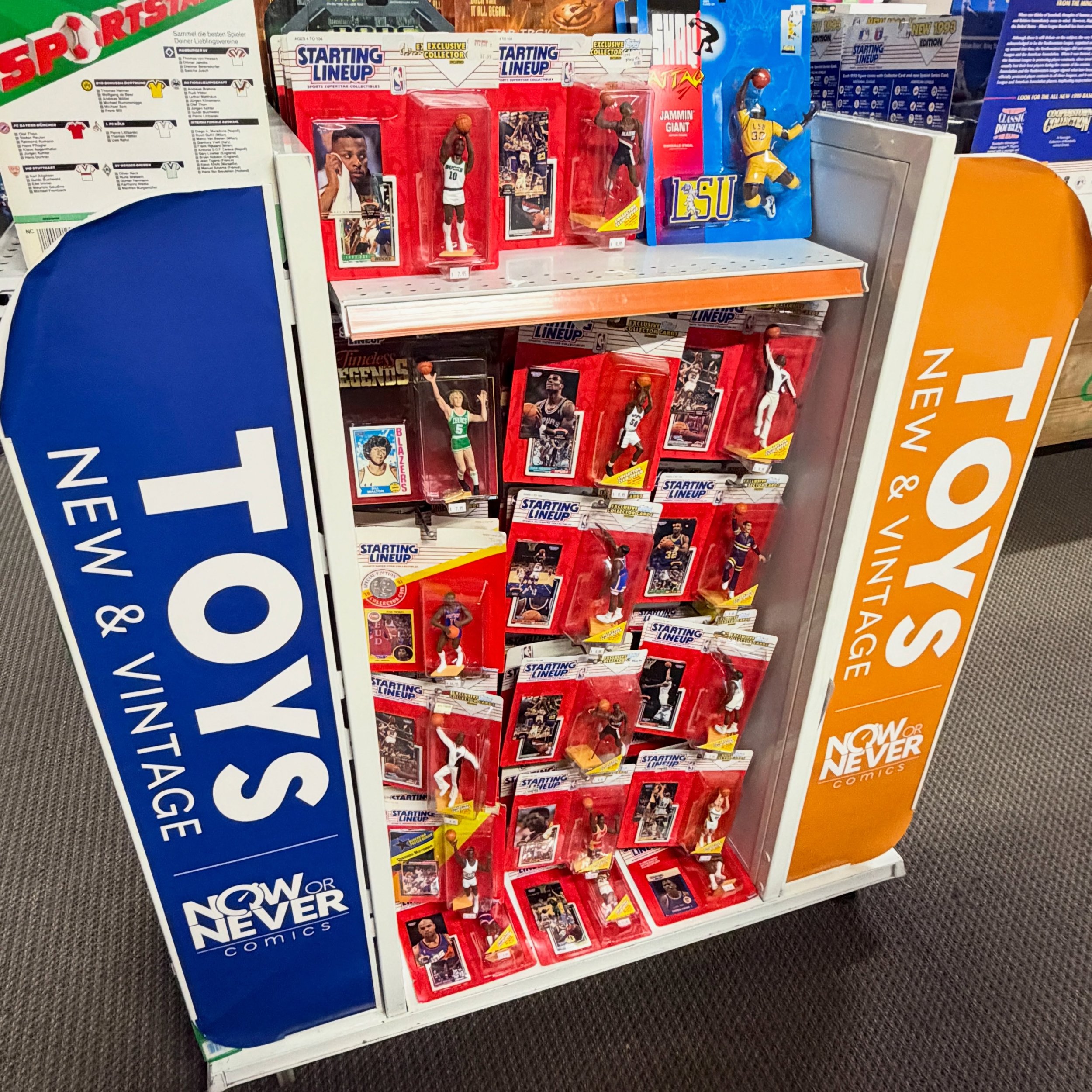 Over 200 Starting Lineup figures are priced up and on the shelves! Basketball, baseball, football, hockey, even some Starting Lineup lookalike soccer figures. A few 12&rdquo; figures and small boxed sets too. All from the early to mid &lsquo;90s, alm