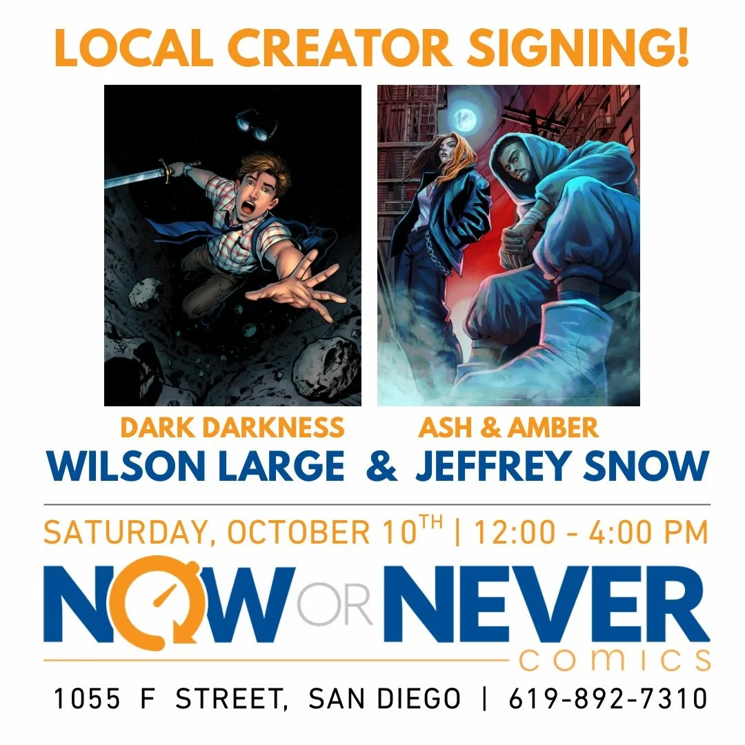 Our next in store signing is coming up on Saturday October 10th! We&rsquo;ll be hosting Wilson Large for his comic Dark Darkness, and Jeffrey Snow for his comic Ash &amp; Amber. Dark Darkness has a Kickstarter launching soon, and Ash &amp; Amber is h