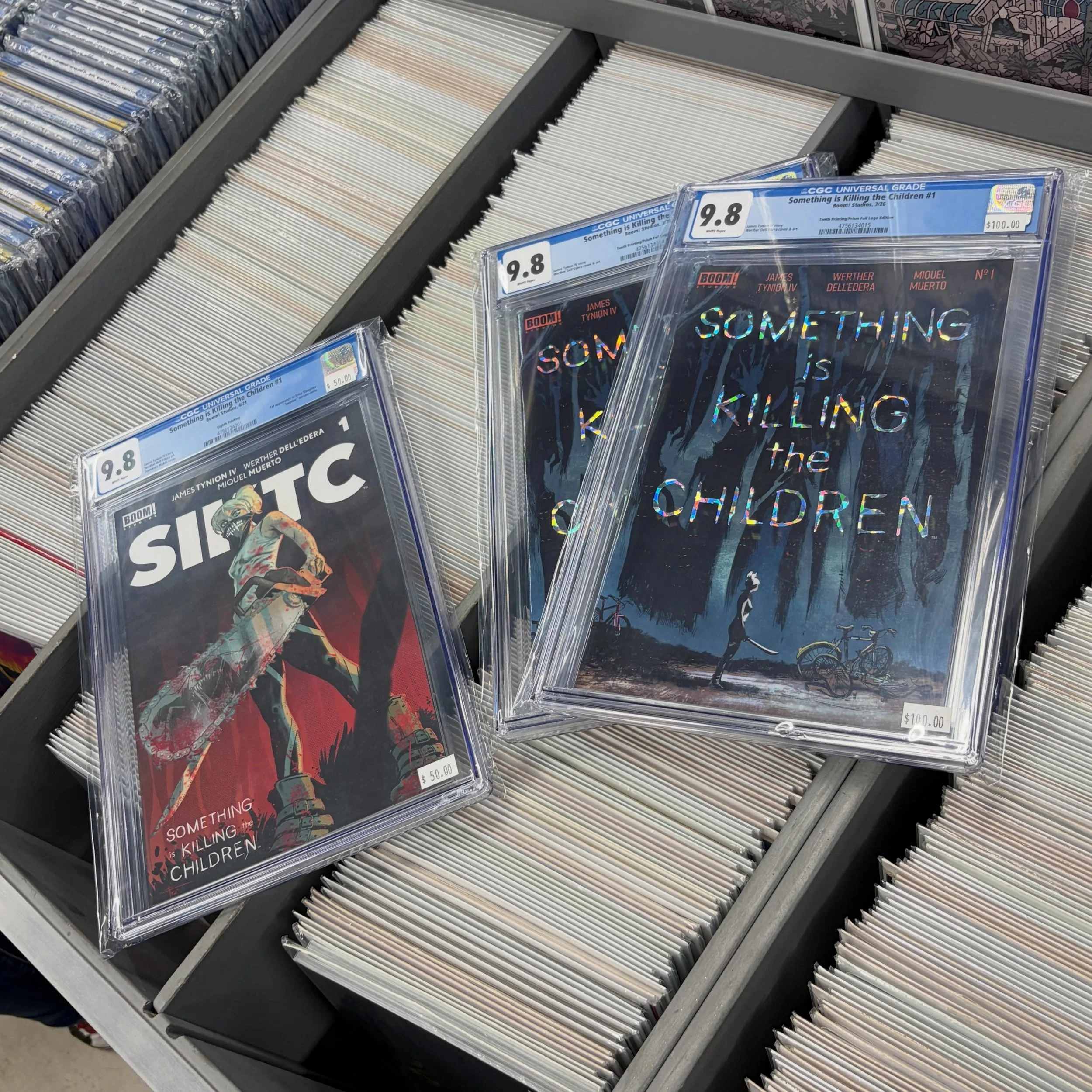 Batch of graded books came back from CGC last week! Rad modern stuff, almost all 9.8s. Some first issues, some foil variants, some Invincible, some Batman, and some ratios.

We&rsquo;ve been restocking like crazy, refilling the back issue bins and to