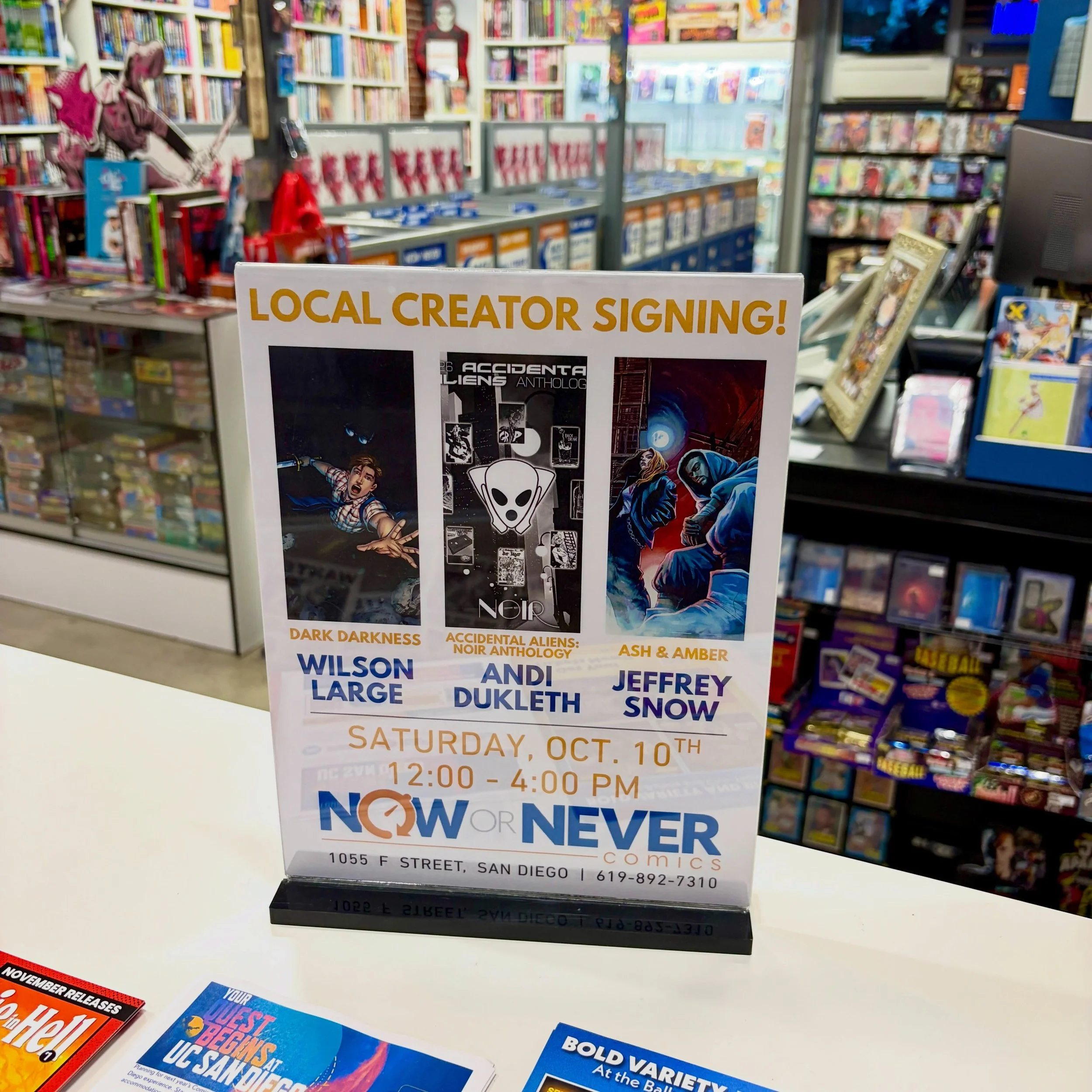 Local comic creators are signing at Now Or Never tomorrow, Saturday the 10th, from 12pm to 4pm!

We&rsquo;re hosting Wilson Large for his comic Dark Darkness, Jeffrey Snow for his comic Ash &amp; Amber, and Andi Dukleth representing Accidental Aliens