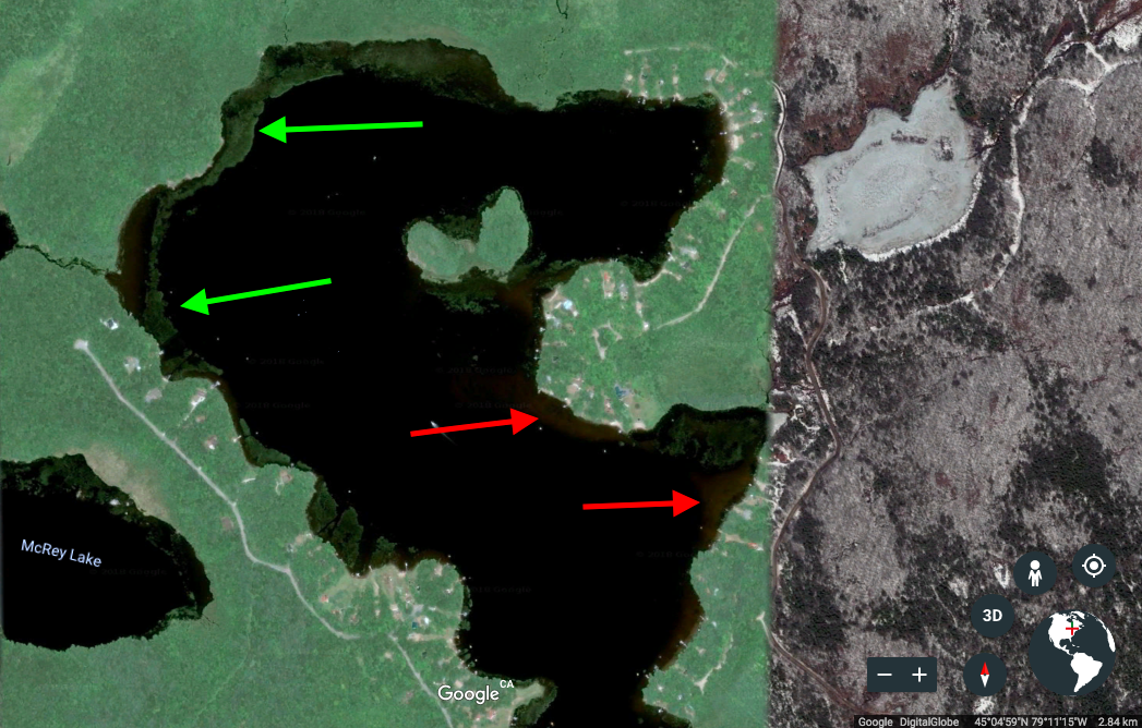 Green Arrows: Weed growthRed Arrows: Sand bar/shallow point