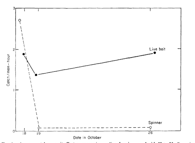 Figure 1: Spinner vs. Livebait catchability over consecutive fishing days (Beukemaj, 1970)