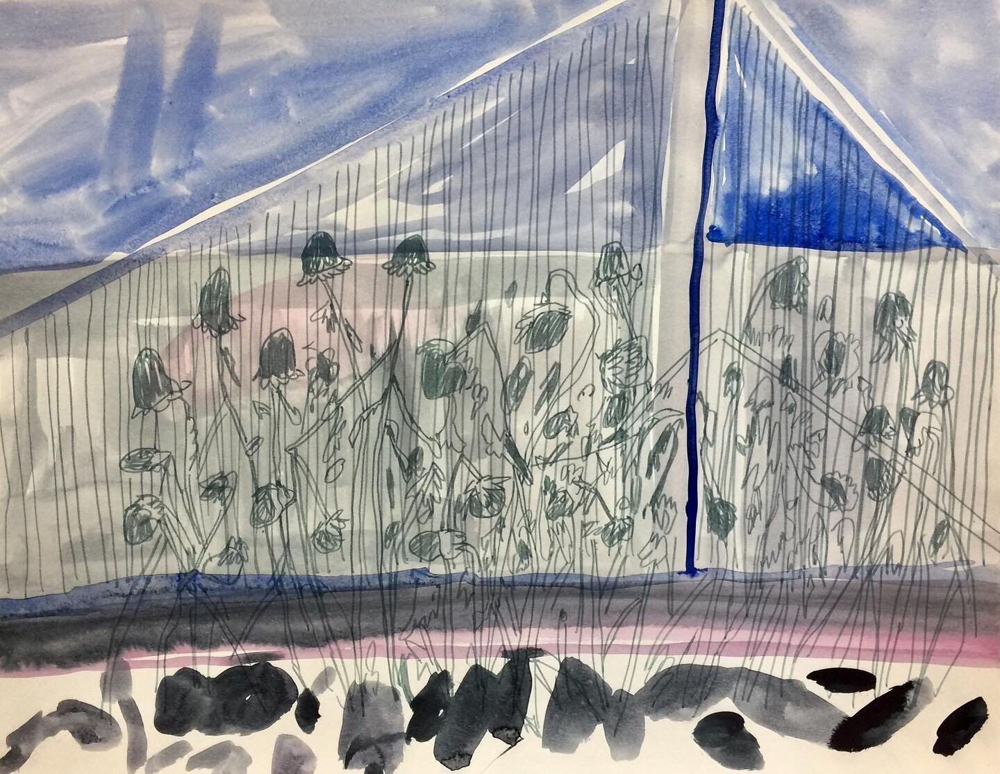 ‘Flowers Outside the Greenhouse’ watercolor and marker on paper, 11x14”