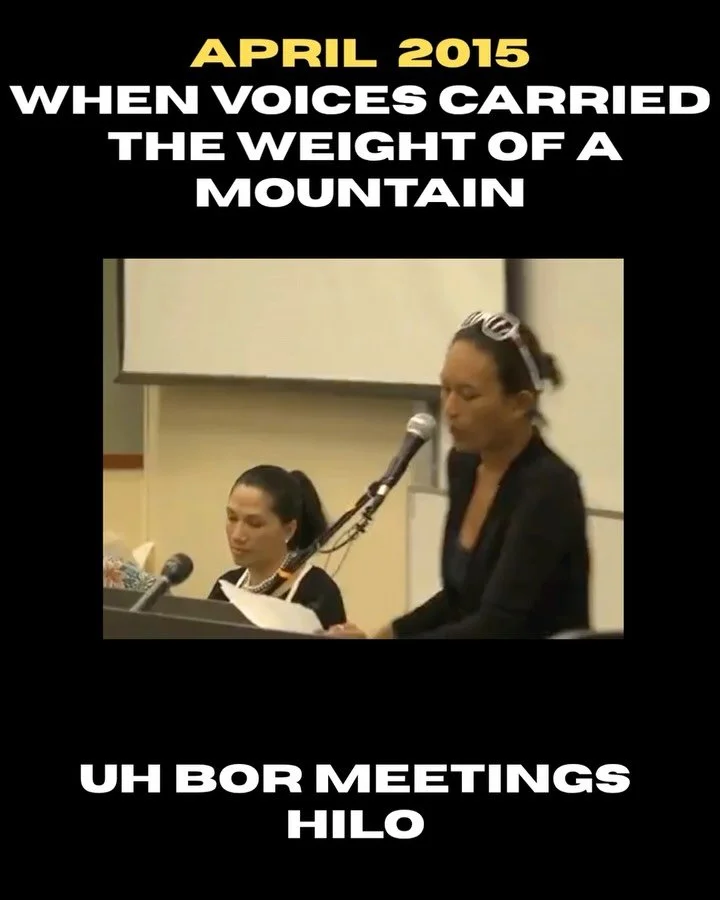 April 16th &amp; 26th in Hilo just days after the arrests of 31 kiaʻi on April 2, 2015, the voices of the lāhui filled the chambers at the University of Hawaiʻi Board of Regents.

Kūpuna, kiaʻi, students, and families standing firm for Mauna a Wākea 