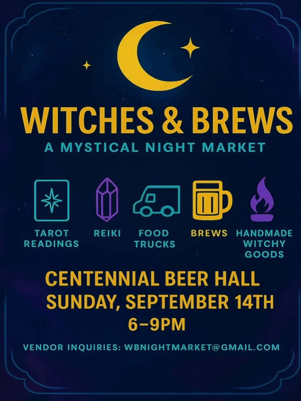 ✨ Witches &amp; Brews Night Market ✨
Join us under the stars for a magical evening of spells, sips, and shopping! 🖤🔮

🗓 Sunday, September 14th

🍻Brews, foods, tarot, vendors, reiki &amp; more!🌜

Tag your coven &amp; don&rsquo;t miss the magic! ?