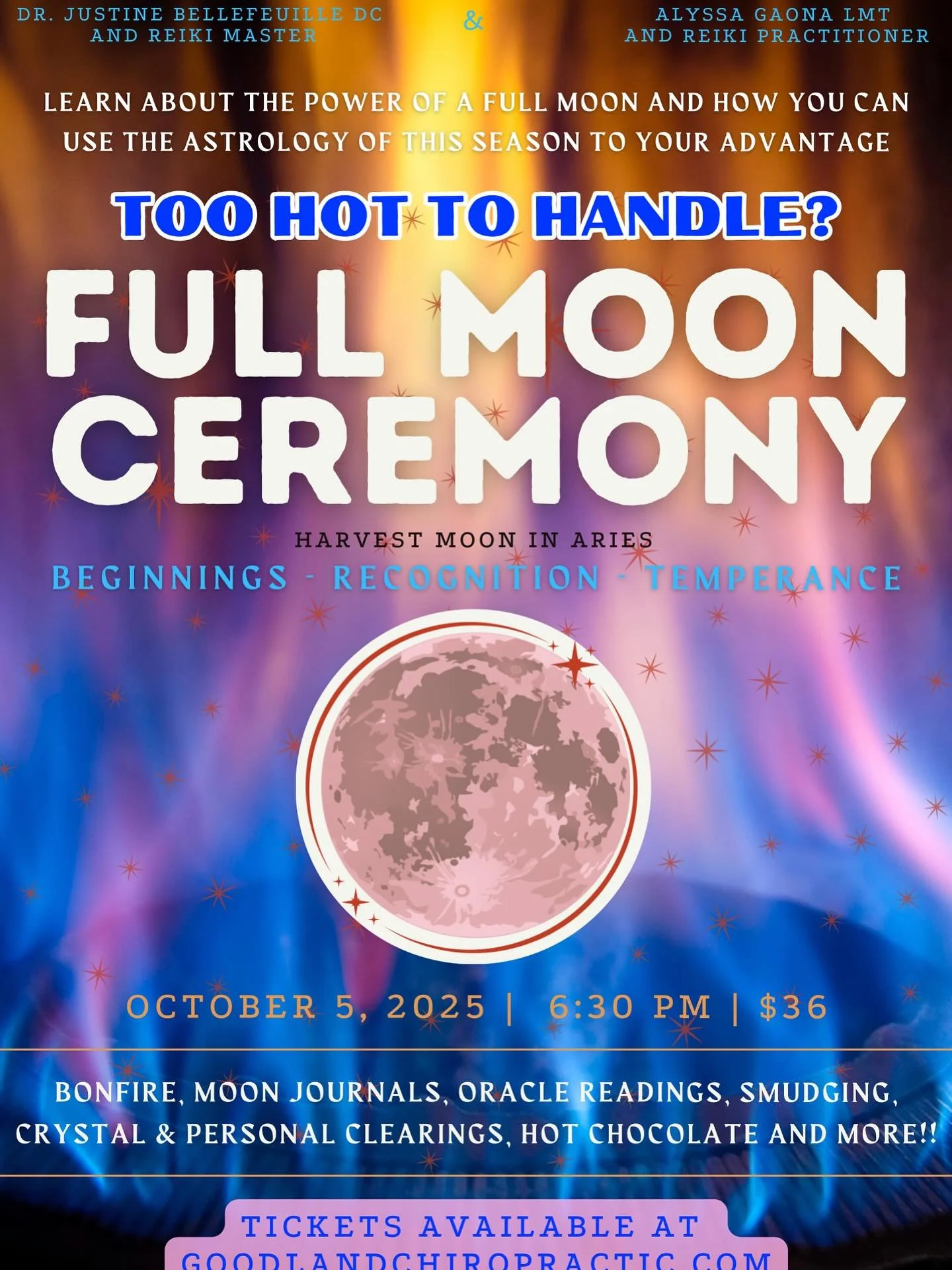 Too Hot to Handle: A Full Moon in Aries Gathering 🌕🔥

Under the bold light of the Harvest Moon, we gather to reflect, release, and reignite our inner fire.
✨ Moon journaling
🔥 Fire ritual
🔮 Oracle readings
🌿 Smudging + energy clearing

Come back