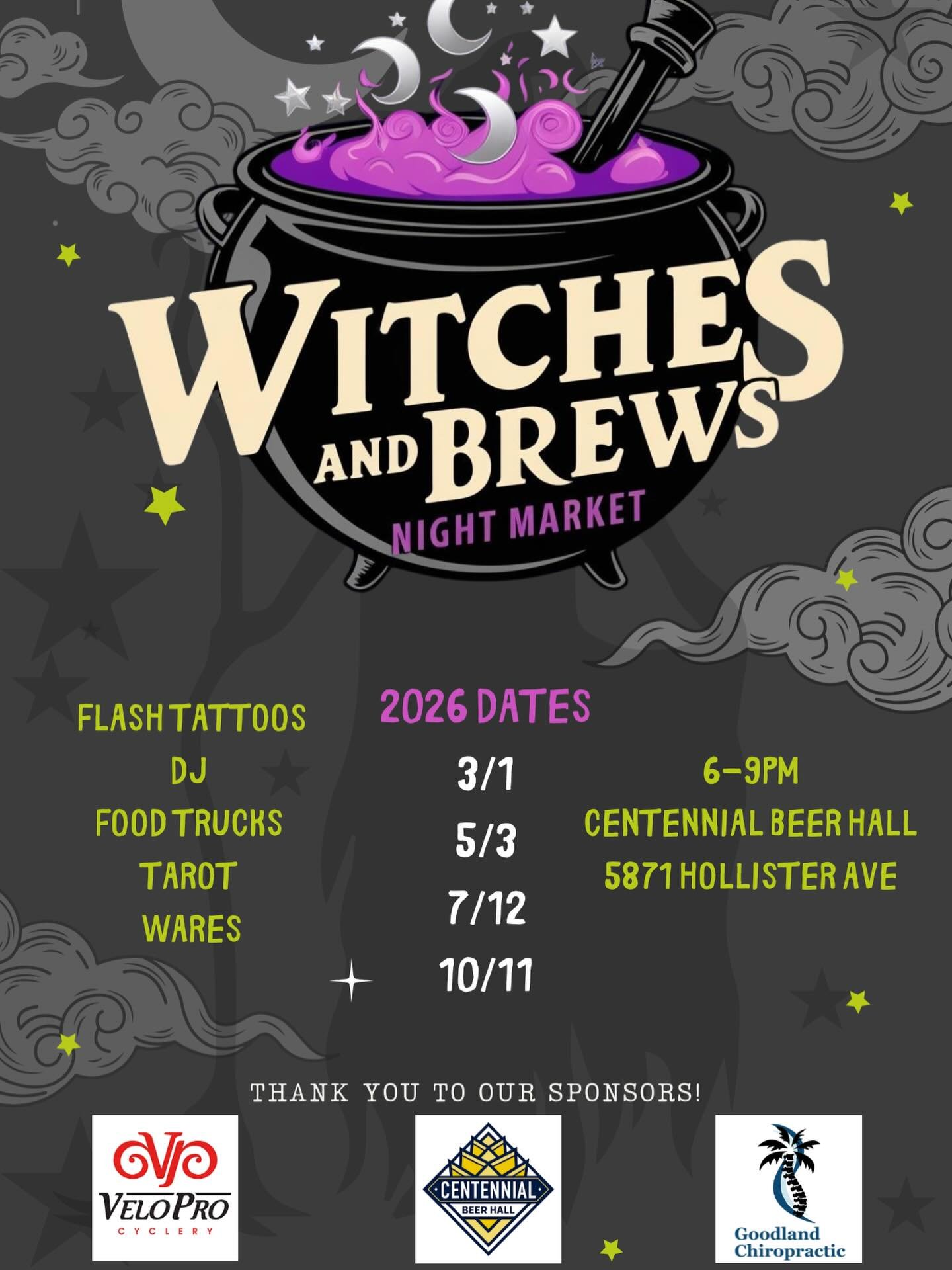 ✨ Witches &amp; Brews Night Market &mdash; 2026 Dates ✨
 Join us at Centennial Beer Hall for an evening filled with community, creativity, and enchantment.
Explore a curated lineup of local vendors offering handcrafted goods, witchy wares, crystals, 