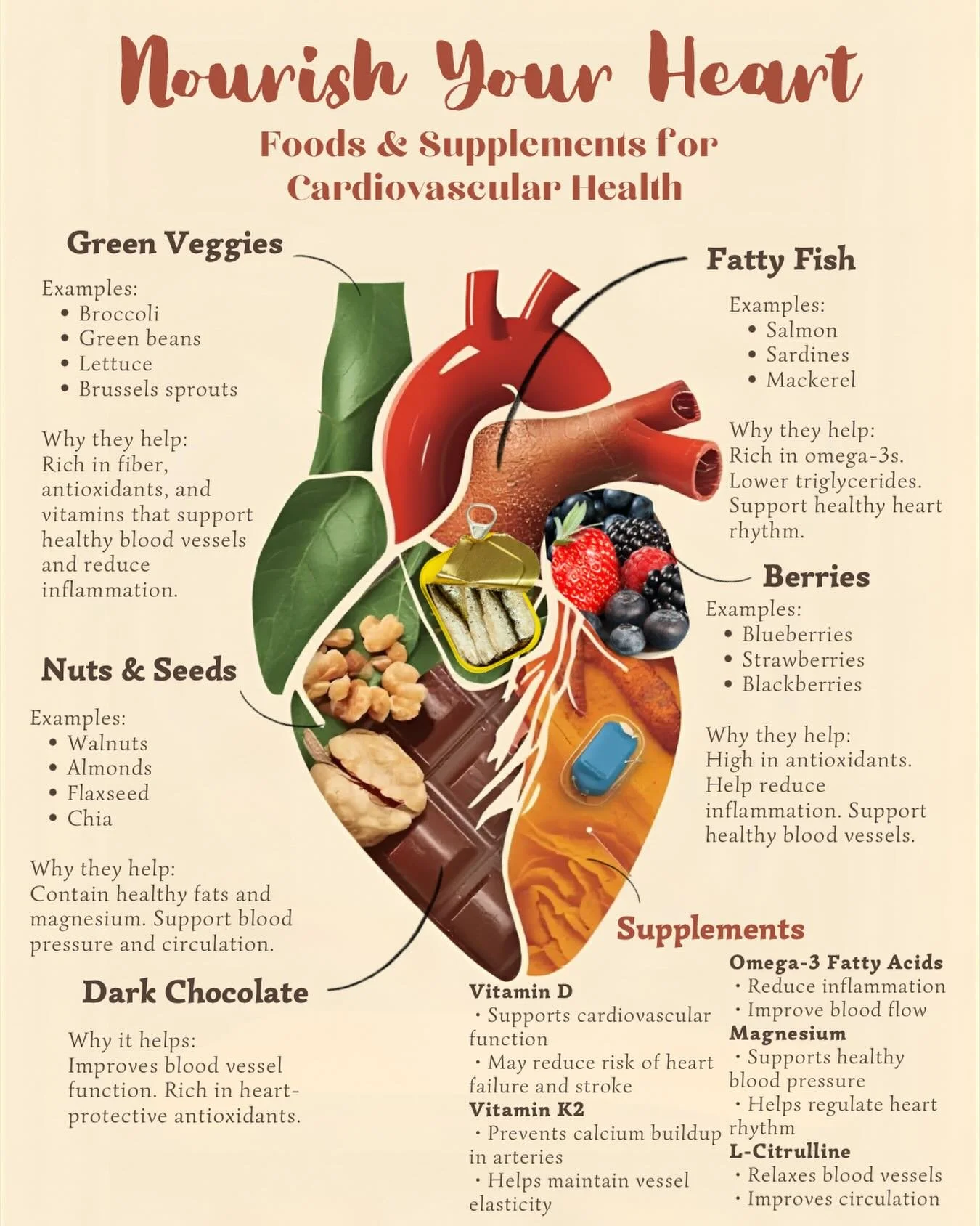 Your heart works 24/7 &mdash; fuel it right 💚
Leafy greens, berries, nuts &amp; seeds, fatty fish, and the right supplements (Omega-3s, Magnesium, Vitamin D, K2 + more) all work together to support healthy blood flow, balanced pressure, and strong v