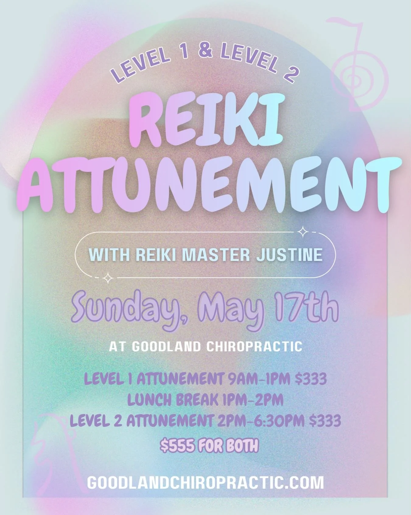 Ready to explore Reiki and awaken your healing gifts? ✨

Join us for a transformative day of Usui Reiki Attunements&mdash;learn to work with your energy, deepen your intuition, and step into your natural healing abilities. Whether you&rsquo;re just b