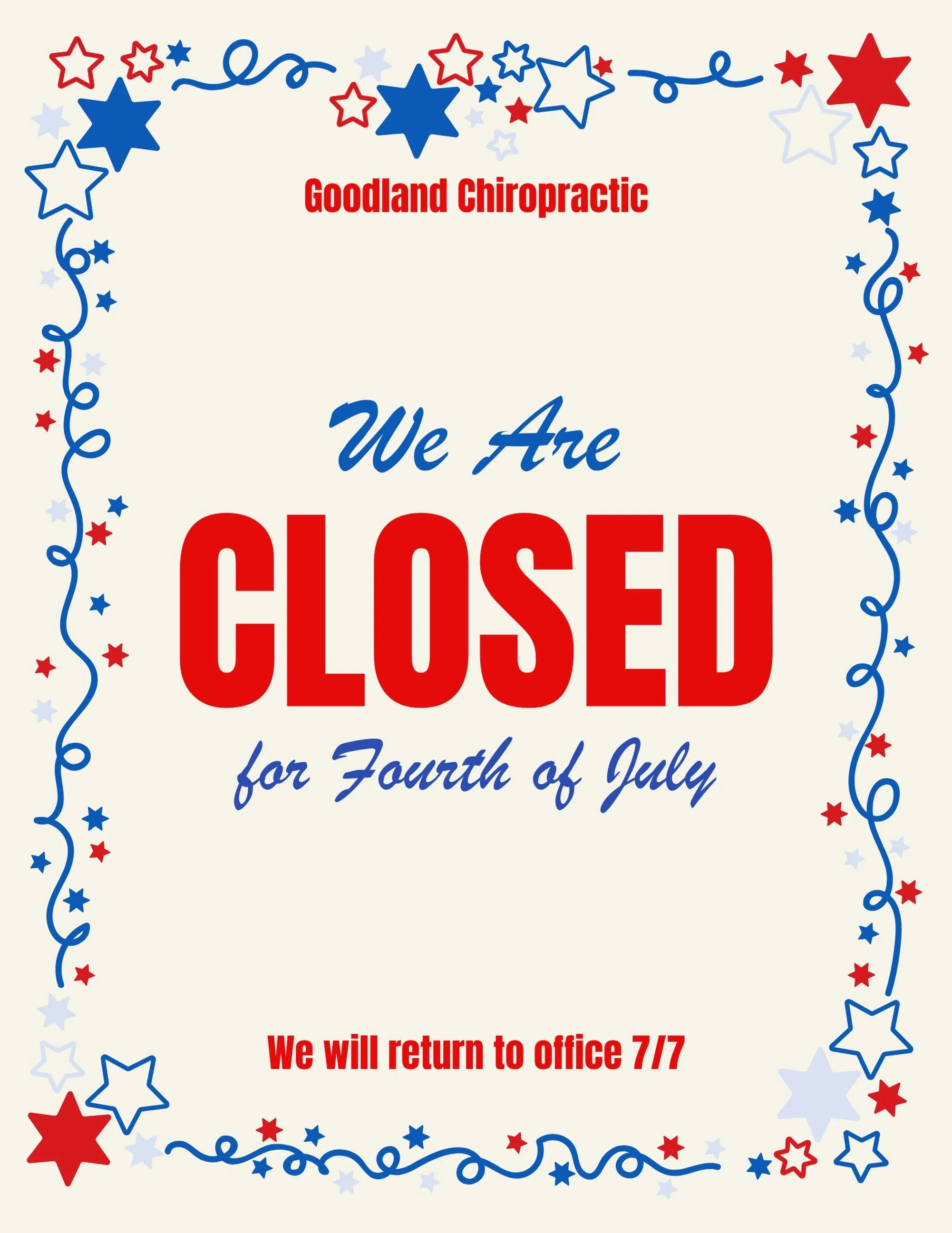 🎆 Happy 4th of July from all of us at Goodland Chiropractic! 🇺🇸

Our office is closed today as our team celebrates Independence Day with family and friends. We hope you have a fun, safe, and relaxing holiday!

We&rsquo;ll be back and ready to help
