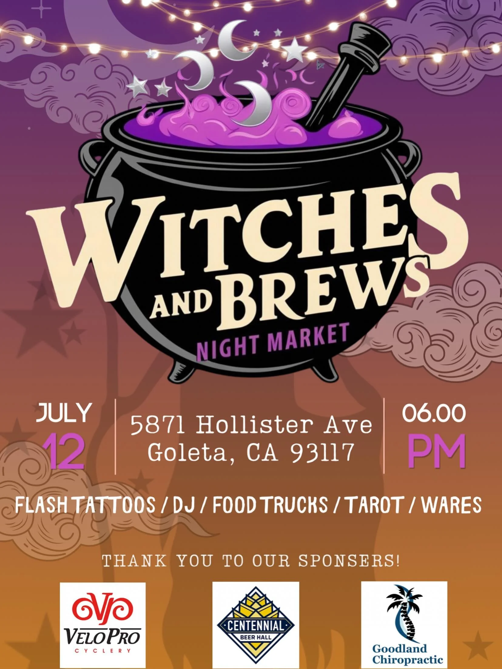 ✨We are excited to announce the next Witches &amp; Brews Night Market!!!✨

In one month, on July 12th from 6-9pm at Centennial Beer Hall and Velopro&rsquo;s parking lot in Old Town Goleta, we will be enjoying another incredible evening together! With