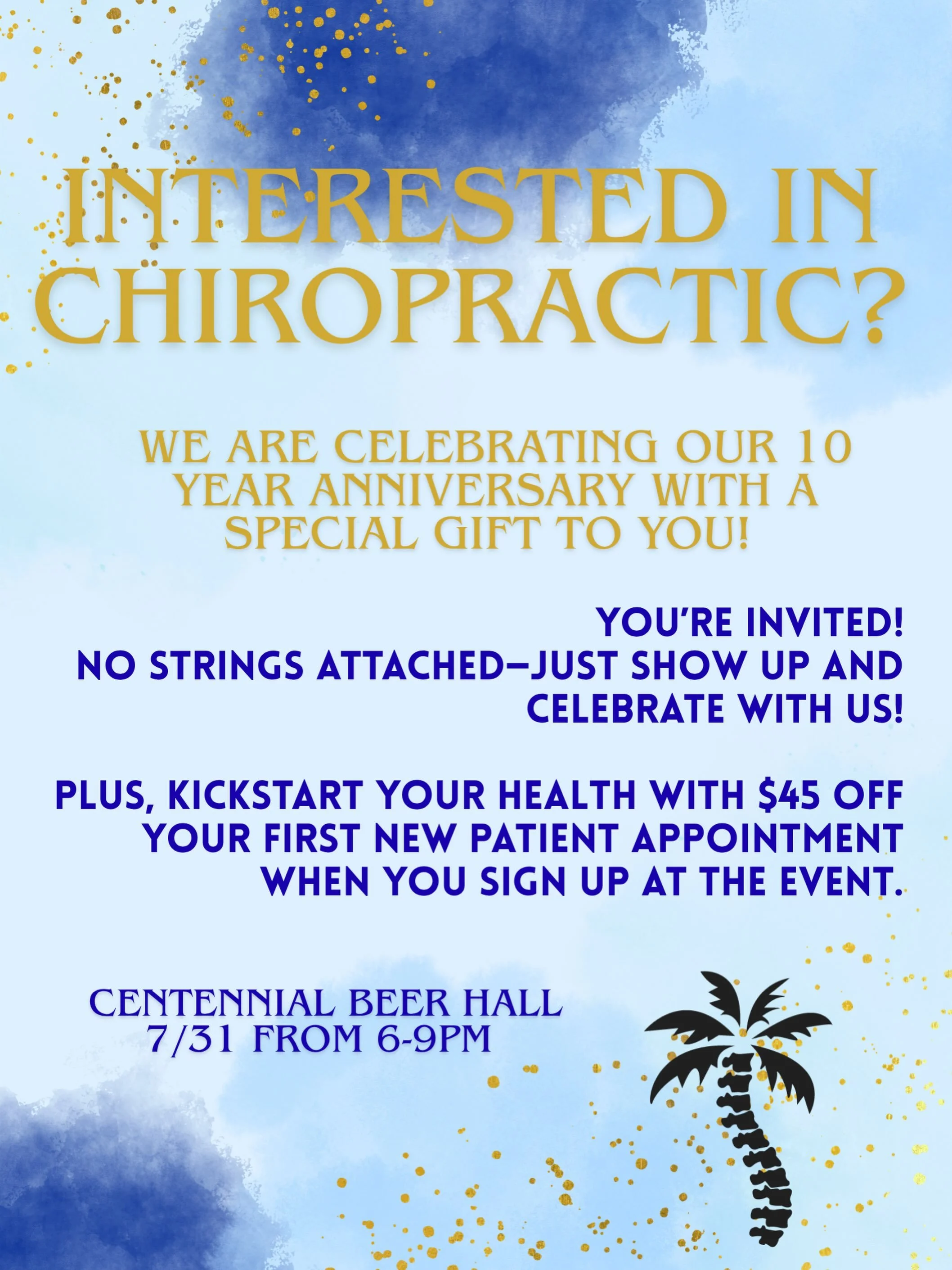 We&rsquo;re celebrating 10 years of serving this amazing community!

To thank you for your support, we&rsquo;re excited to offer a special 10-Year Anniversary promotion.

If you or someone you know has been curious about chiropractic care, now is the