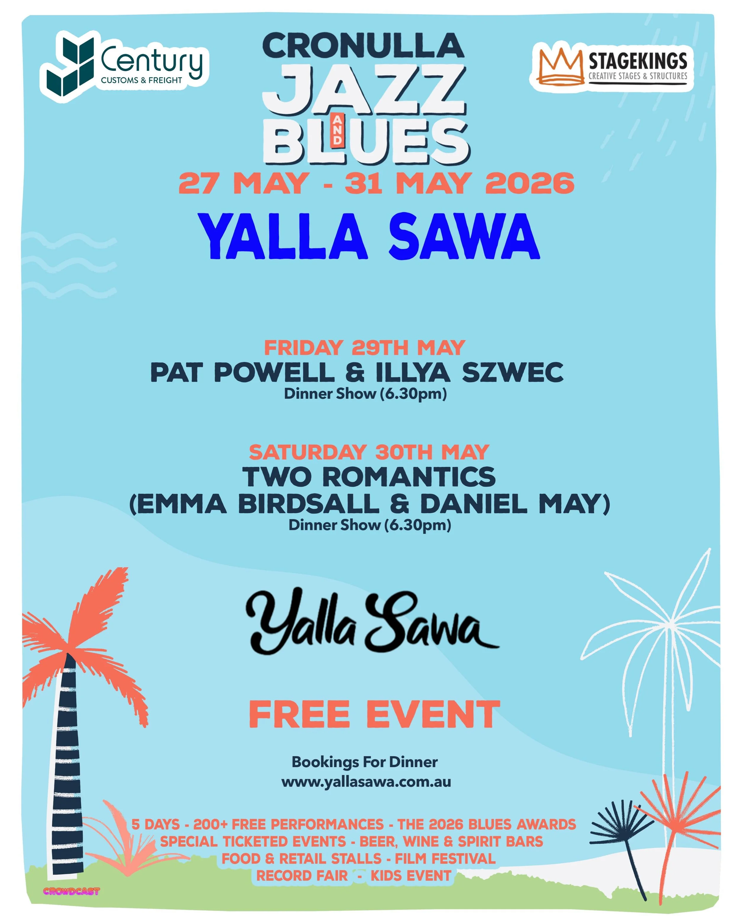 🎷 Cronulla Jazz &amp; Blues is back for 2026 and we&rsquo;re excited to once again be part of one of the Shire&rsquo;s biggest music festivals!

Join us at Yalla Sawa for two special free shows across the festival weekend:

✨ Friday 29 May &mdash; P