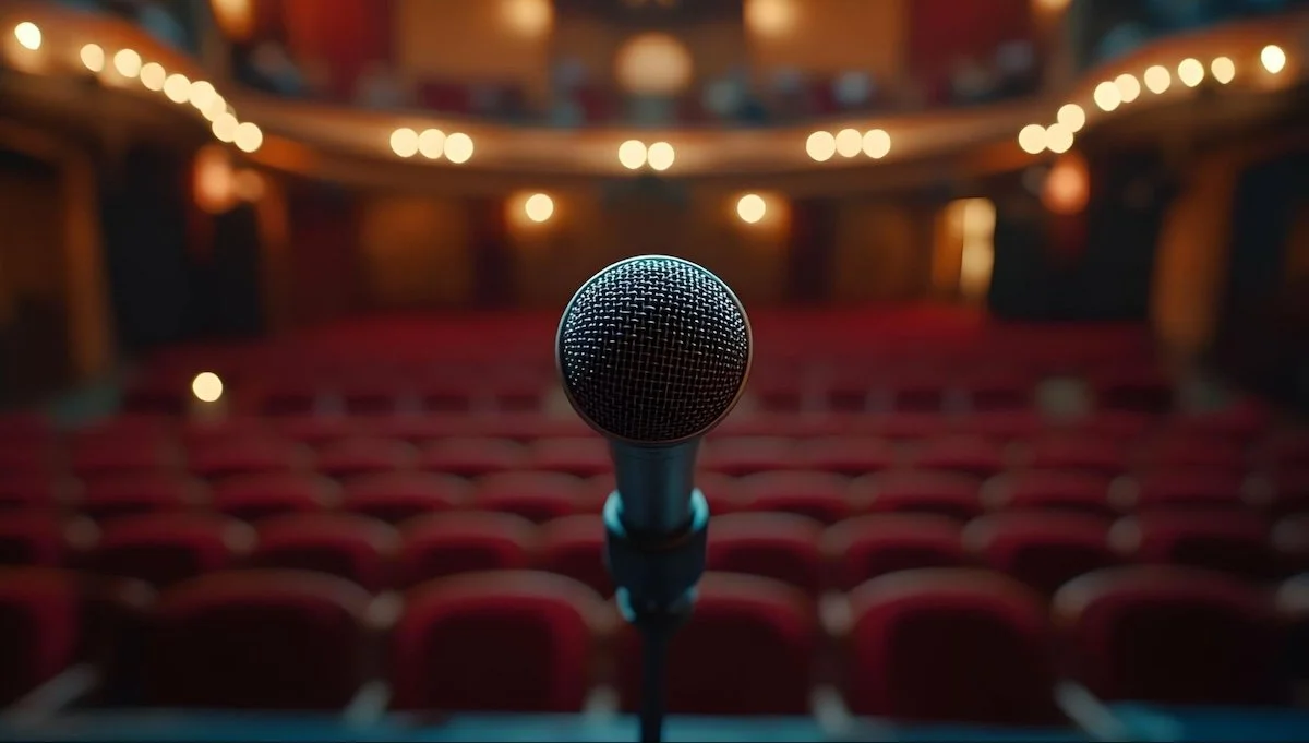 A microphone in front of an empty theater, from the perspective of the speaker.