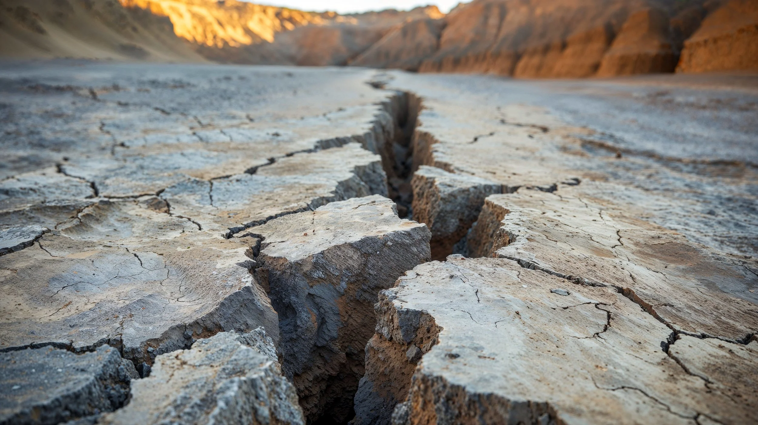Rocky ground is split down the middle and cracking on the sides