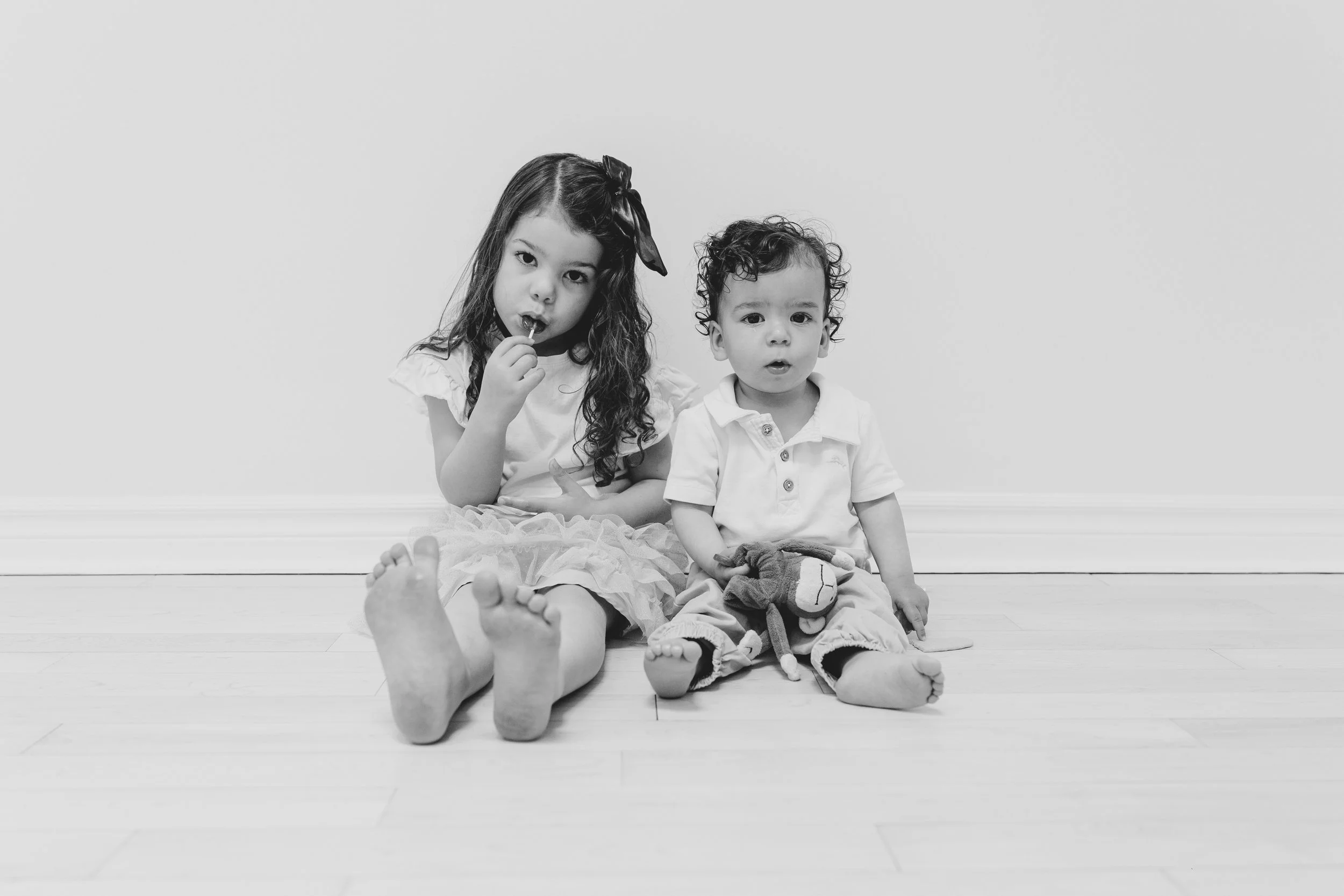 siblings portrait in black and white