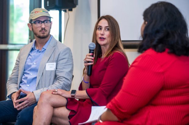  Gideon Bernstein, left, listens as his wife, Jeanne Pepper Bernstein, center, speaks with Norma Lopez, right, executive director of OC Human Relations Commission, about their son, Blaze Bernstein, who was murdered in January 2018, as the latest repo