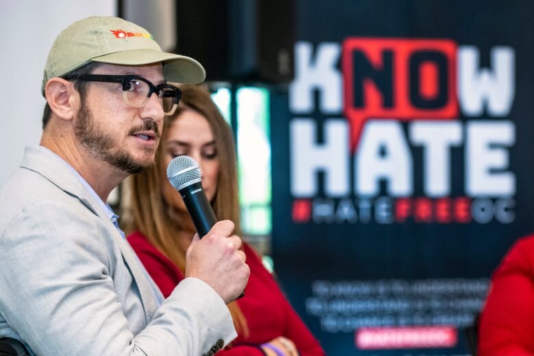  Gideon Bernstein, left, speaks along with his wife, Jeanne Pepper Bernstein, about their son, Blaze Bernstein, who was murdered in January 2018, as officials release the latest report on hate crimes in Orange County for 2018, on Thursday morning, Se