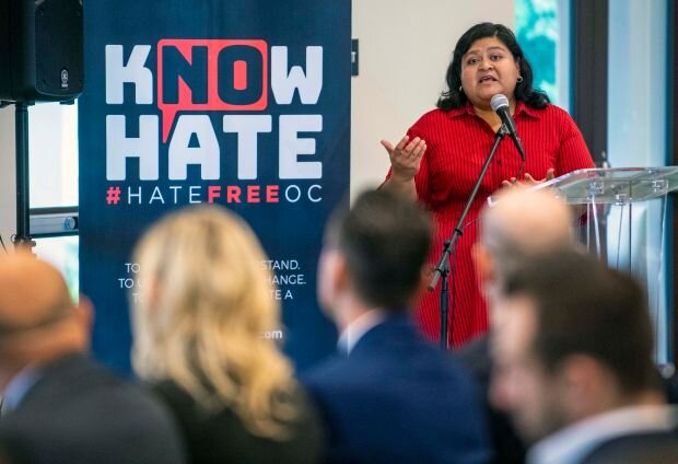  Norma Lopez, executive director of OC Human Relations Commission, speaks about the latest report on hate crimes in Orange County for 2018, on Thursday morning, September 26, 2019, at the Los Olivos Community Center in Irvine. (Photo by Mark Rightmir