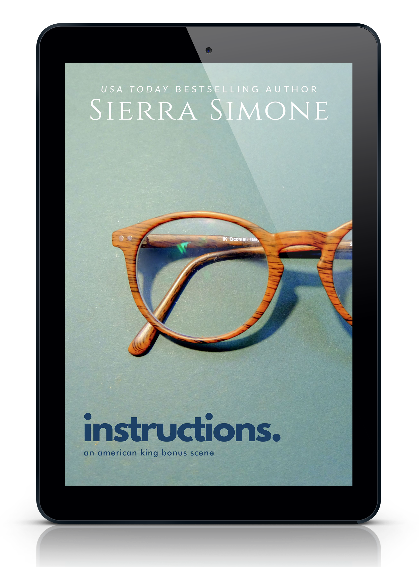 A cover for a short story called Instructions. The cover is a light blue background with nerdy wood-framed glasses folded.