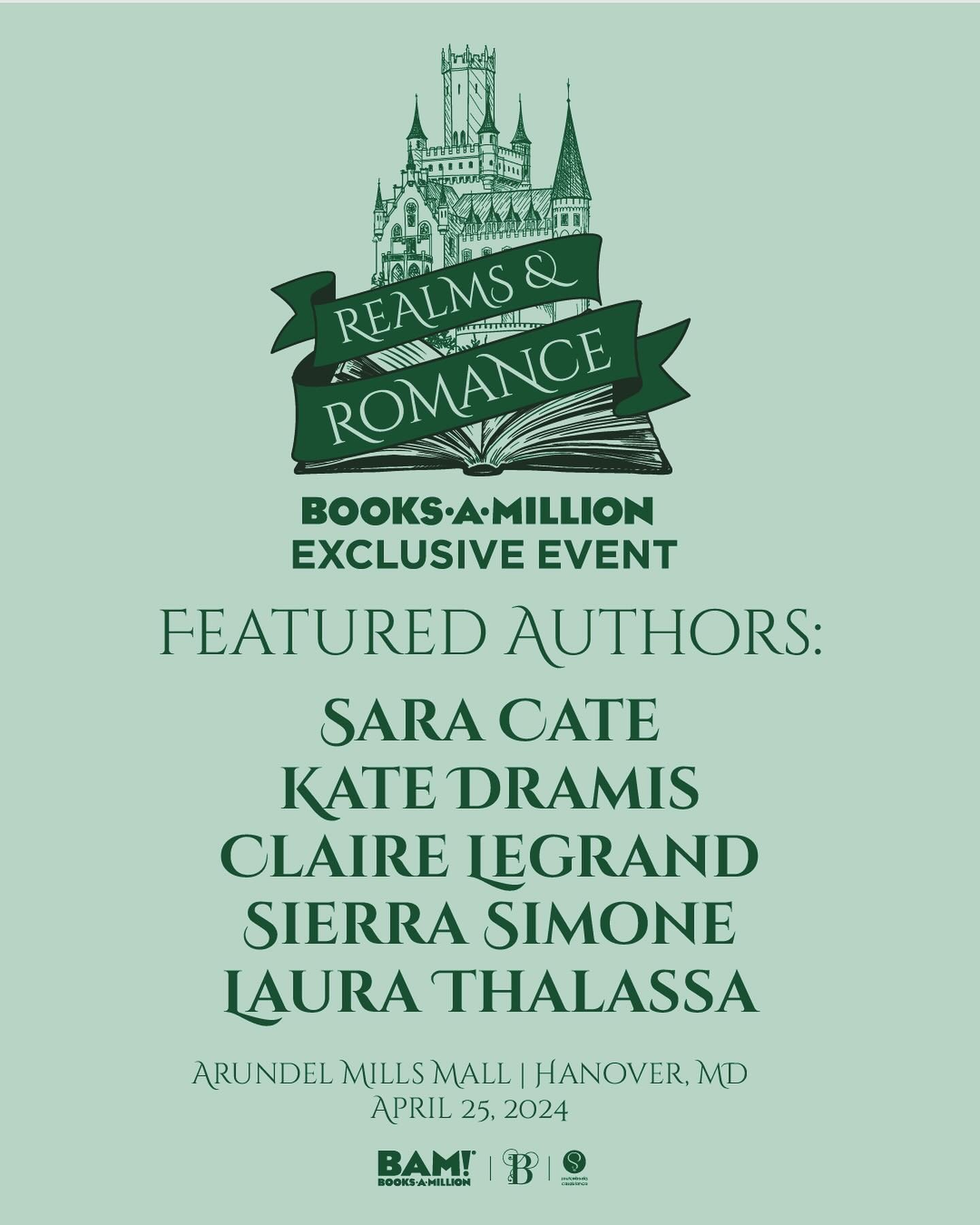 ✨ Books-A-Million and Sourcebooks present Realms &amp; Romance - an exclusive book signing event featuring your favorite fantasy and romance authors Sara Cate, Kate Dramis, Claire Legrand, Sierra Simone, and Laura Thalassa!⁣
⁣
All tickets* must be pr