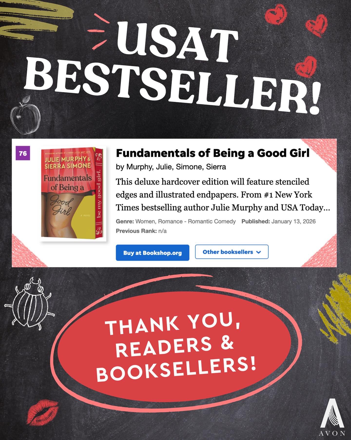 Thank you, raunch-com aficionados, for making Fundamentals of Being a Good Girl a USA Today bestseller this week! ⁣
⁣
It was because of you all sharing, reviewing, posting, and loving on our academic cuties that Bram and Maddie made the list (and an 