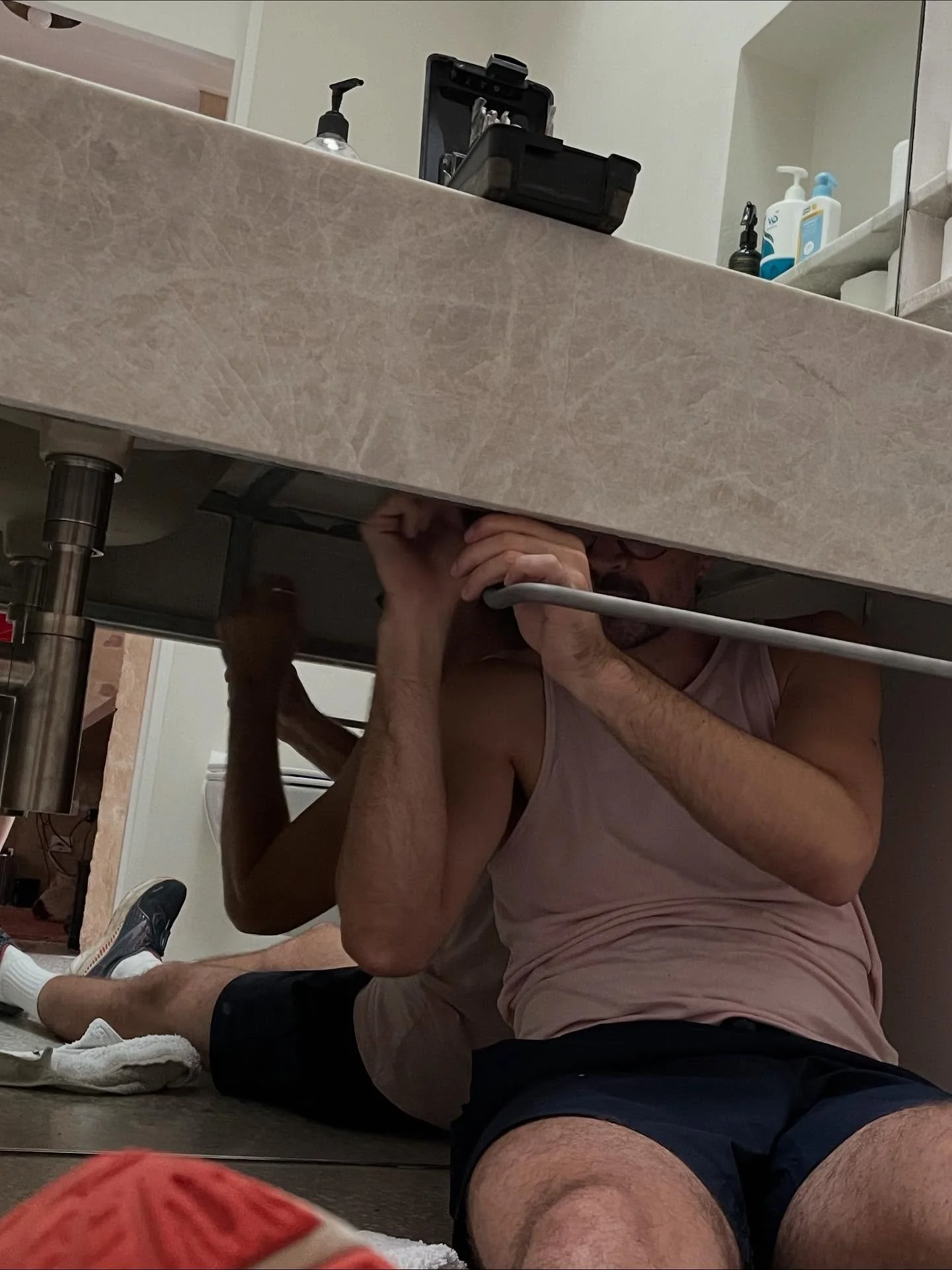 Architect on the tools🚨&mdash;last year I was installing this custom stainless steel towel rail. Swipe to see the finished powder room