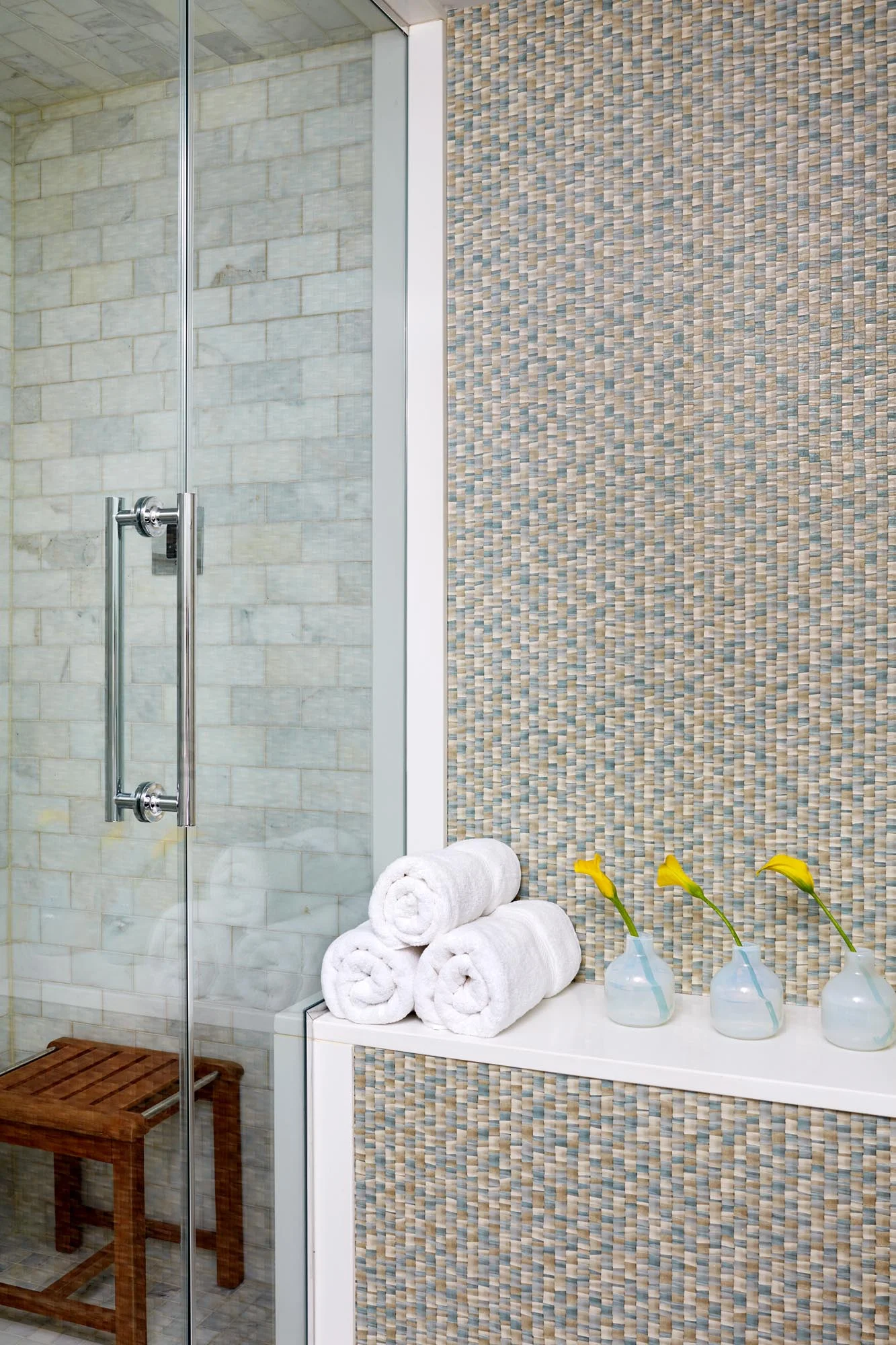 Modern Steam Shower Bathroom Design with Glass door and Brick design wall.
